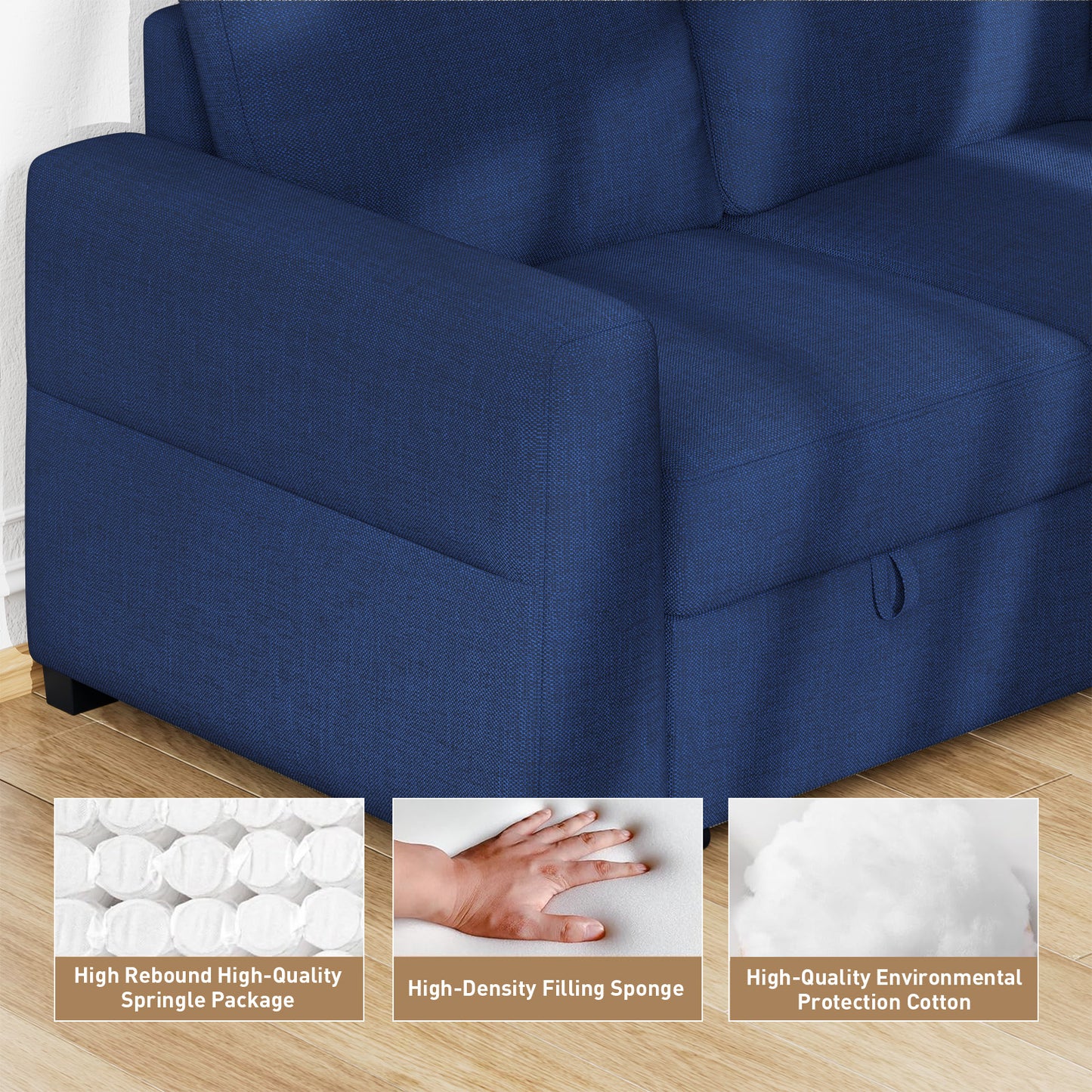 CHITOOMA 60'' Linen Pull Out Sofa Bed Convertible Sleeper Couch with Charging Port, Upholstered Sectional Sofa with 2 Pillows, Reclining Sofas for Living Room, Blue