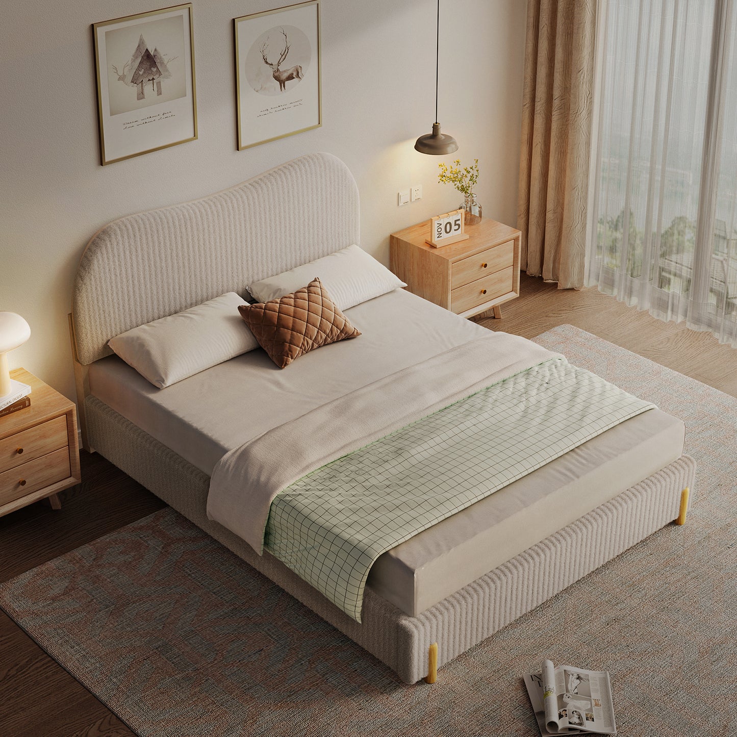 CHITOOMA Queen Bed Frame with Headboard, White Velvet Upholstered Platform Bed Frame Queen Size No Box Spring Needed, Noise-Free, Heavy Duty