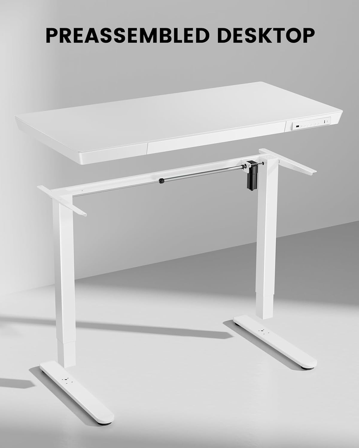 One Piece Glass Top Standing Desk with Drawer and Charging Ports, 55" x 24" Electric Height Adjustable Desk, Sit Stand up for Home Office, White