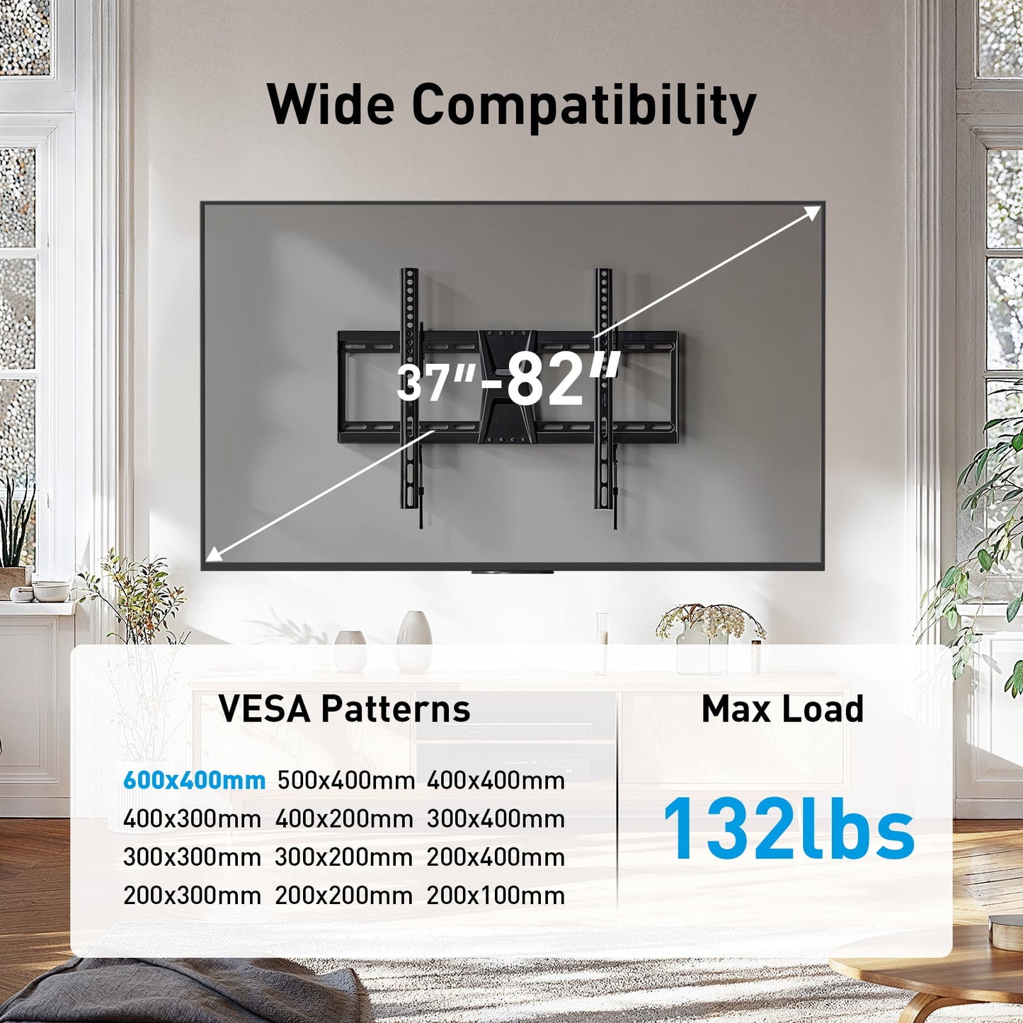 MountFTV Tilting TV Wall Mount Bracket for 37-82 inch Flat Screen TVs, Max 600x400mm Holds up to 132 lbs