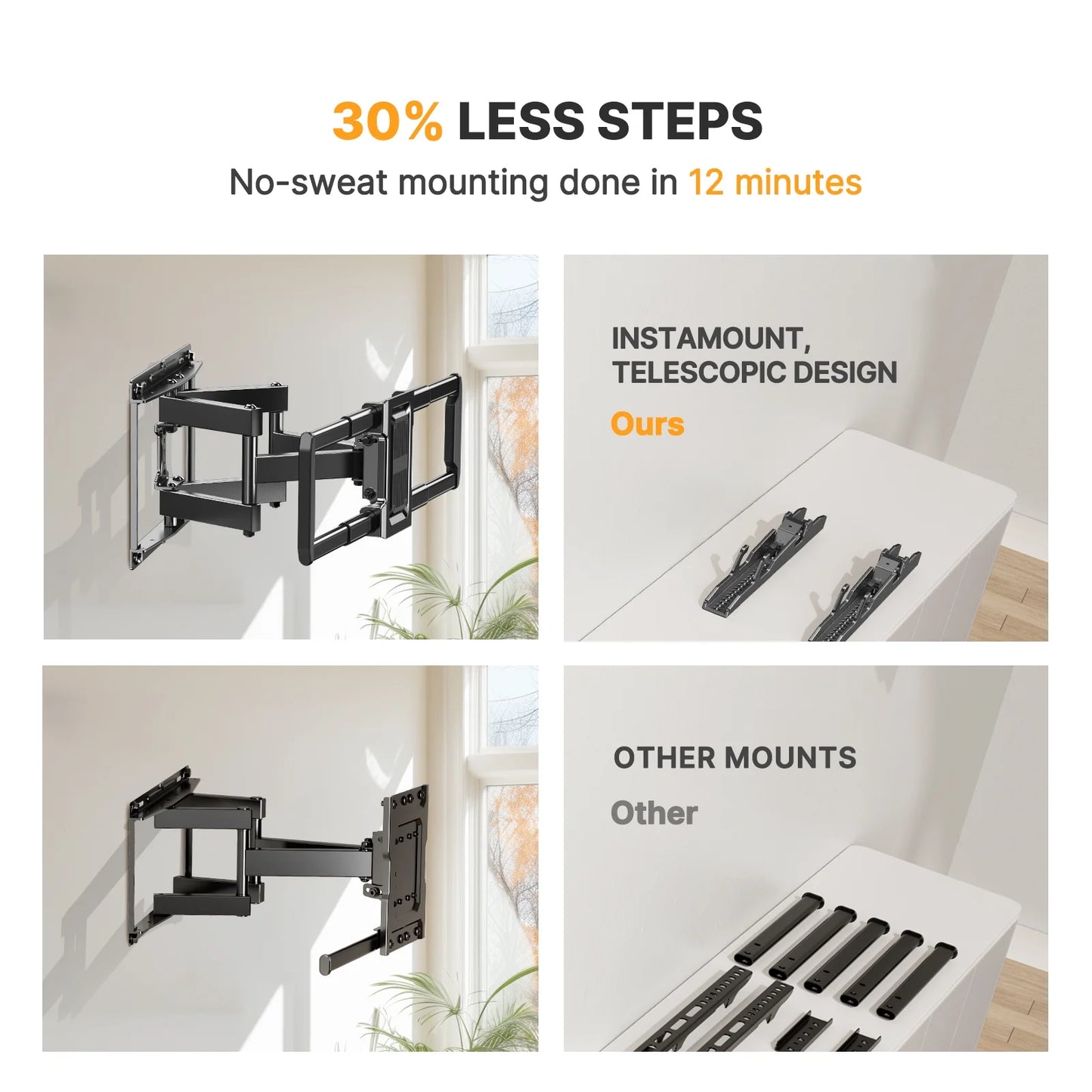MountFTV Full Motion Articulating TV Wall Mount for Most 40–82 inch Curved TVs with Swivel, Tilt, Extension, Leveling, Max 600x400mm, Holds up to 100lbs