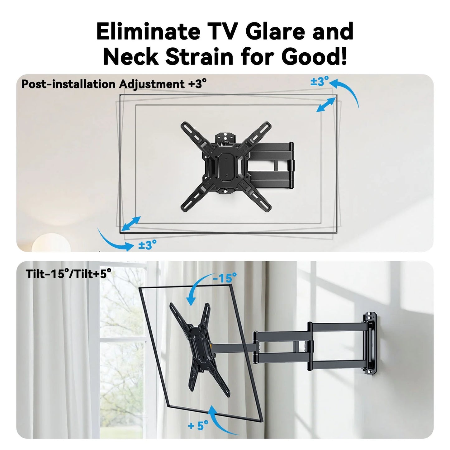 MountFTV Full Motion Long Arm TV Wall Mount for 26-65 Inch TVs, 37.4” Long Extension Corner TV Mount Bracket with Tilt, Swivel, Max 400 x 400mm, Holds up to 110 lbs, Single Wood Studs