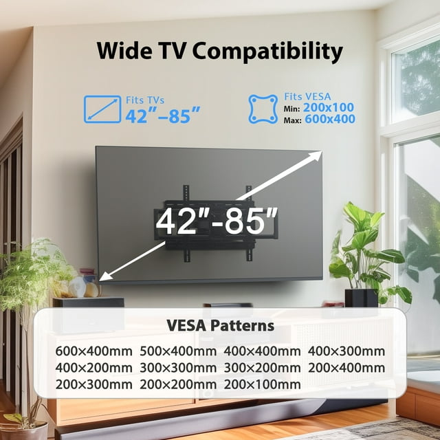 MountFTV Full Motion TV Wall Mount Bracket for 42-85 inches LED LCD OLED TVs,Max 600 x 400mm, Holds up to 132lbs