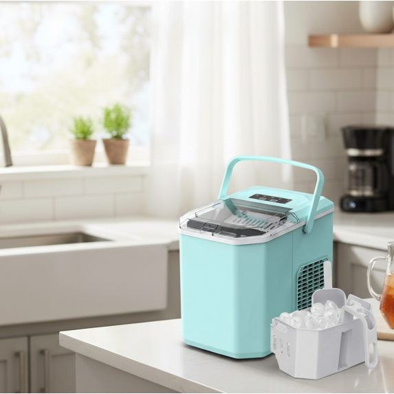 Philergo Ice Maker Countertop, 26lbs Per day, 9 Bullet Ice Cubes Ready in 6 Mins, Auto-Cleaning with Basket and Scoop for Home/RV/Camping/Party/Travel,Green