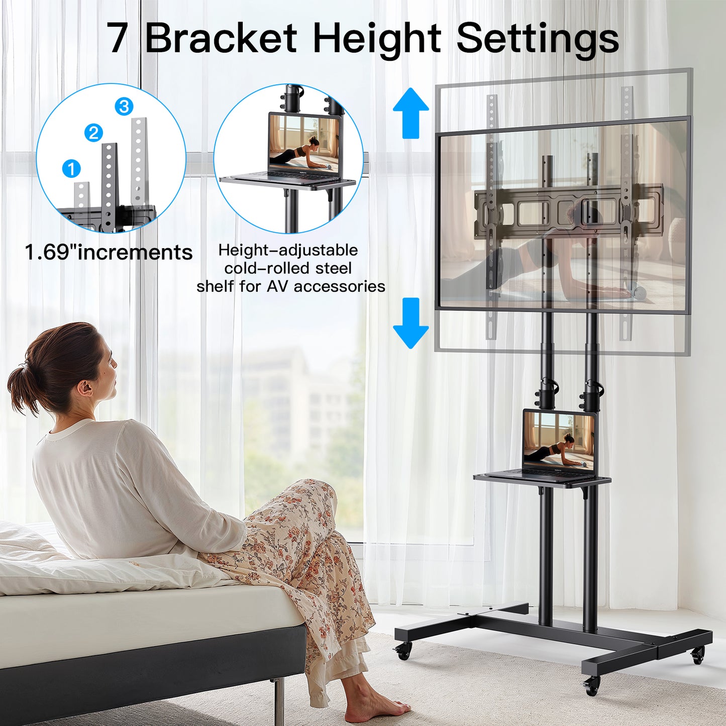Modern Rolling Floor TV Stand Mobile Tilting TV Cart Floor TV Stand with Shelf for 32-75 inch Flat Panel TVs,Max 600x400mm