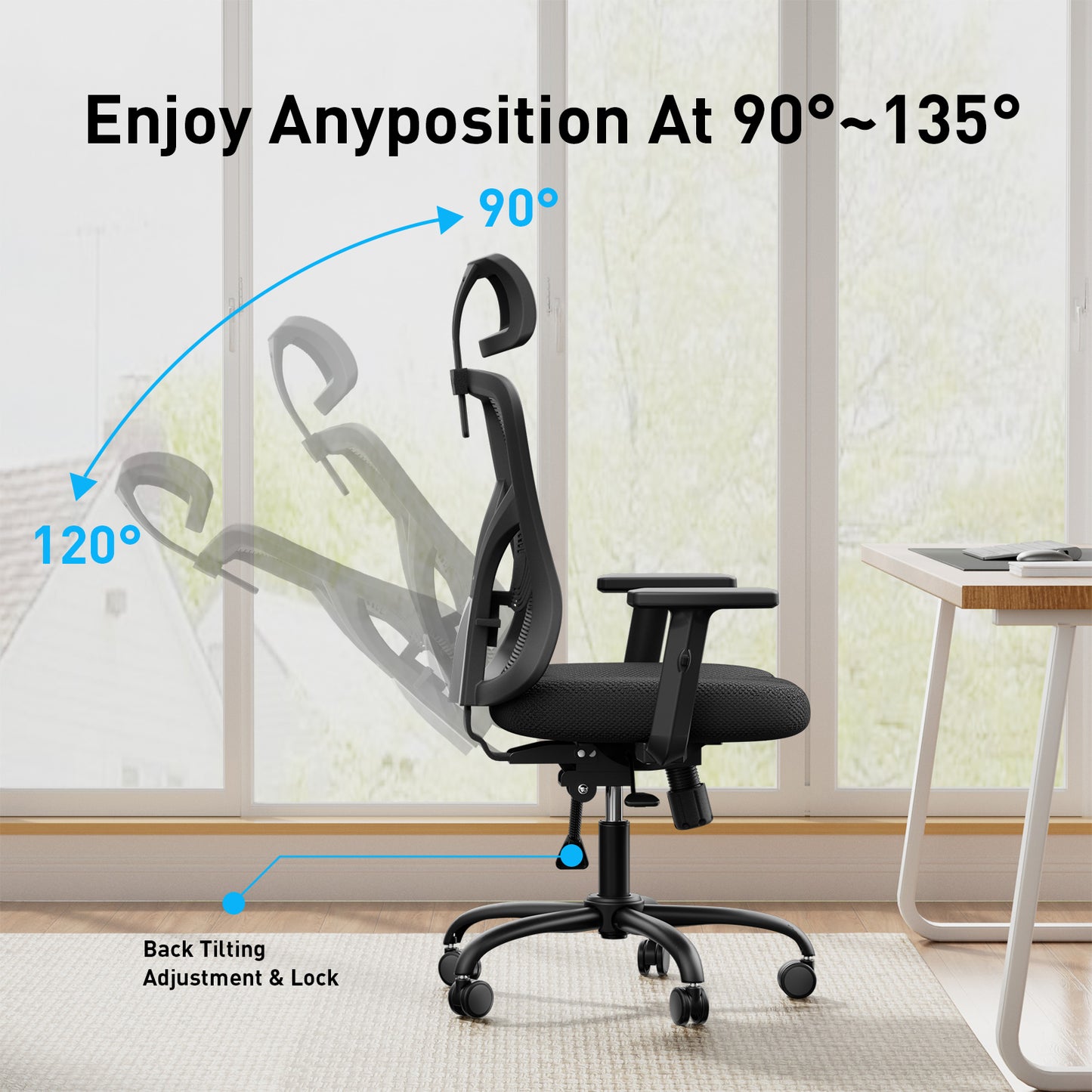 Kyspho Ergonomic Office Chair with Padded Lumbar Support, 2D Headrest, Adjustable Armrests, Upgraded Contoured Seat Cushion, 130° Rocking Tilt, Computer Chair for Home Office