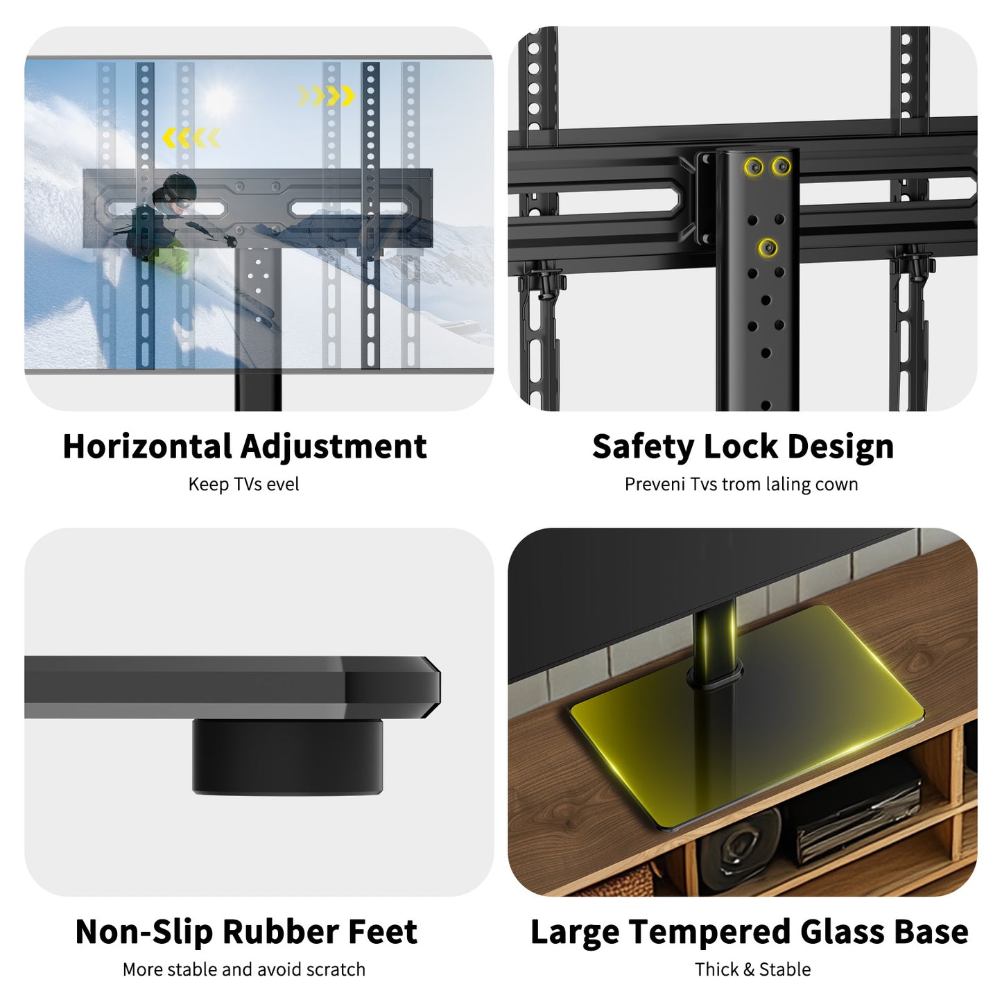 MountFTV Swivel Universal TV Stand Mount TV Stand for 27"-75" TVs Adjustable Height Table Top TV Stand Base Glass with Tray,Hold up to 100Lbs,Max 600x400mm