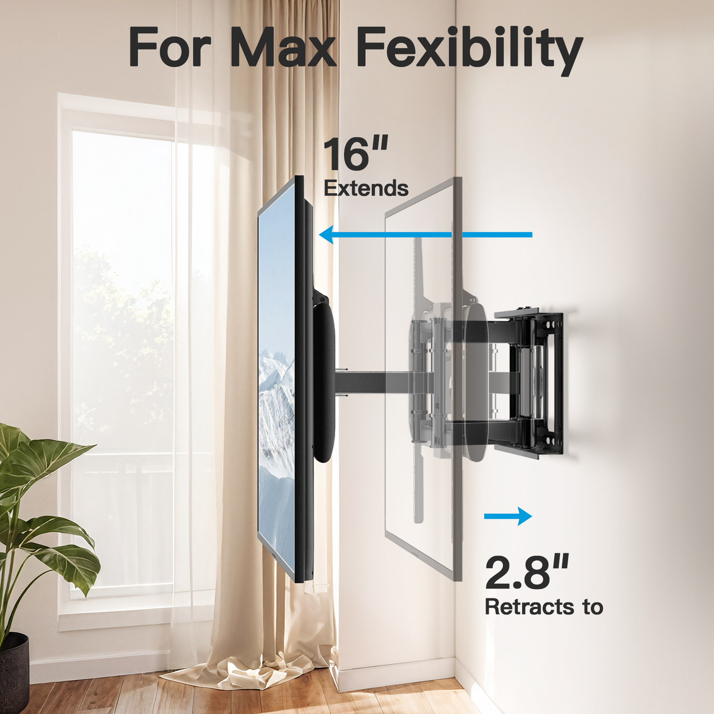 MountFTV Full Motion TV Wall Mount Bracket for 37–90 inch TVs, Max 600x400mm, Holds up to 132lbs