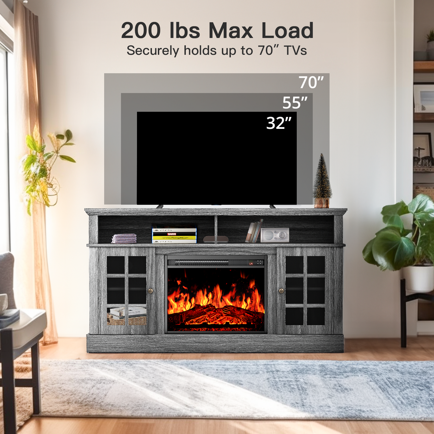 Electric Fireplace TV Stand for 65″ TVs with remote control Fireplace Entertainment Center TV Console Table with 23″ Fireplace, Holds up to 200 lbs