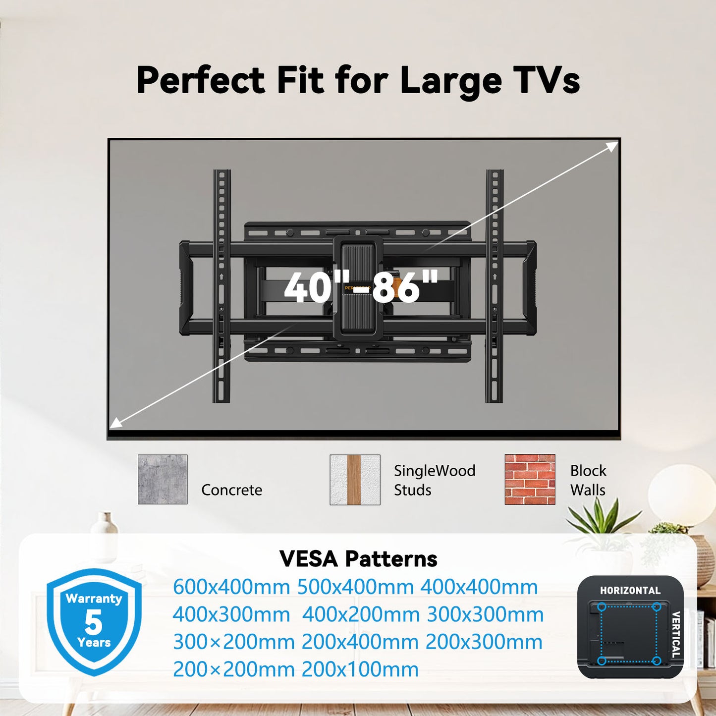 MountFTV Full Motion TV Wall Mount for 40 – 90 Inch Flat Curved TVs, Up to 132 lbs, 12"/16" Wood Studs, TV Stand with Tool-Free Tilt, Swivel, Extension,600 x 400mm