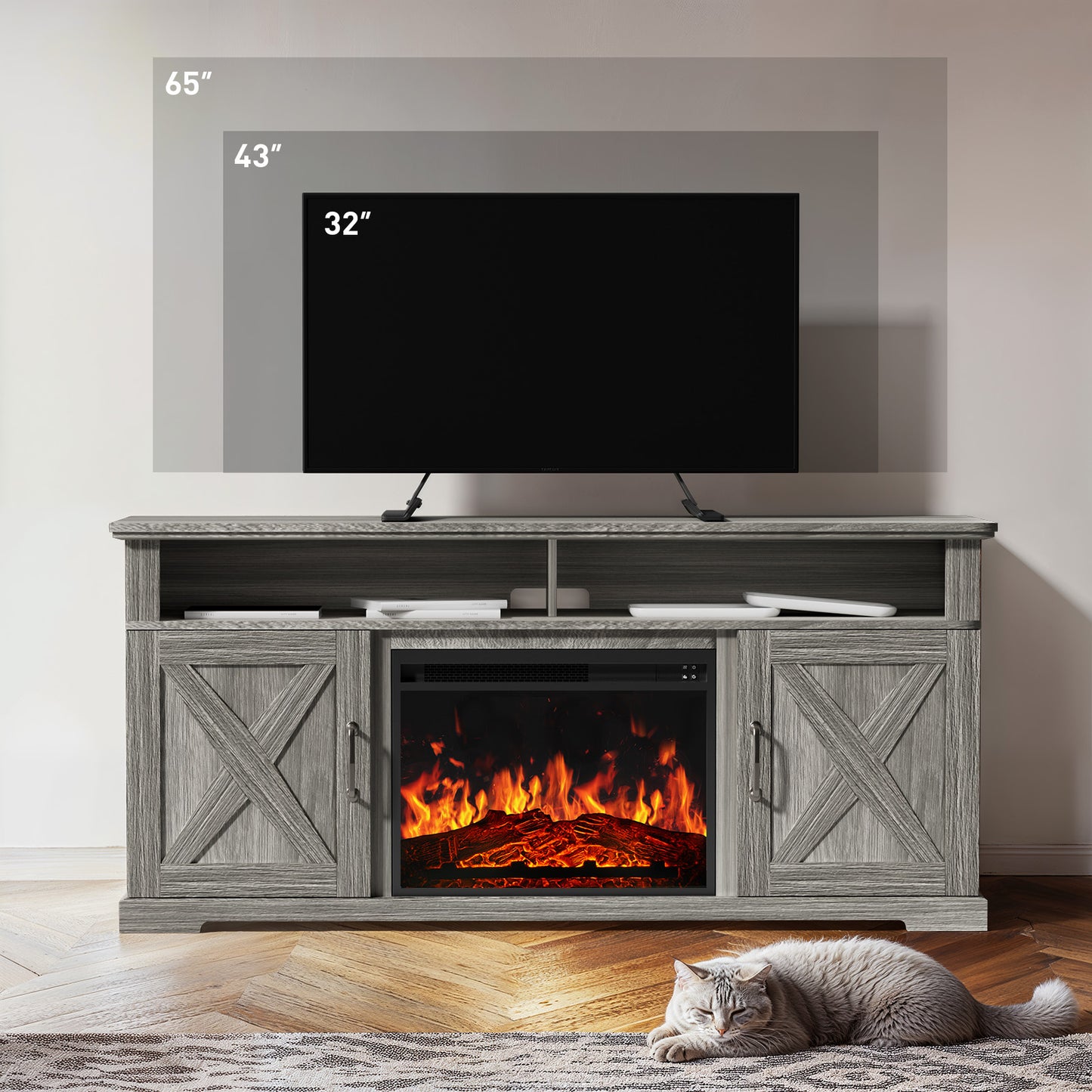 Electric Fireplace TV Stand for TVs up to 65", Farmhouse Entertainment Center with Fireplace, Grey
