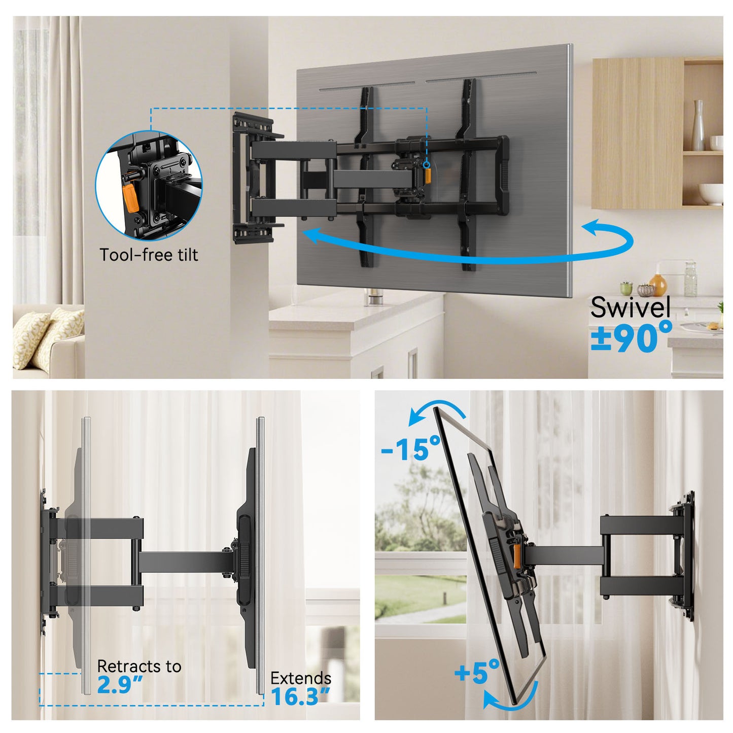 MountFTV Full Motion TV Wall Mount for 40 – 90 Inch Flat Curved TVs, Up to 132 lbs, 12"/16" Wood Studs, TV Stand with Tool-Free Tilt, Swivel, Extension,600 x 400mm