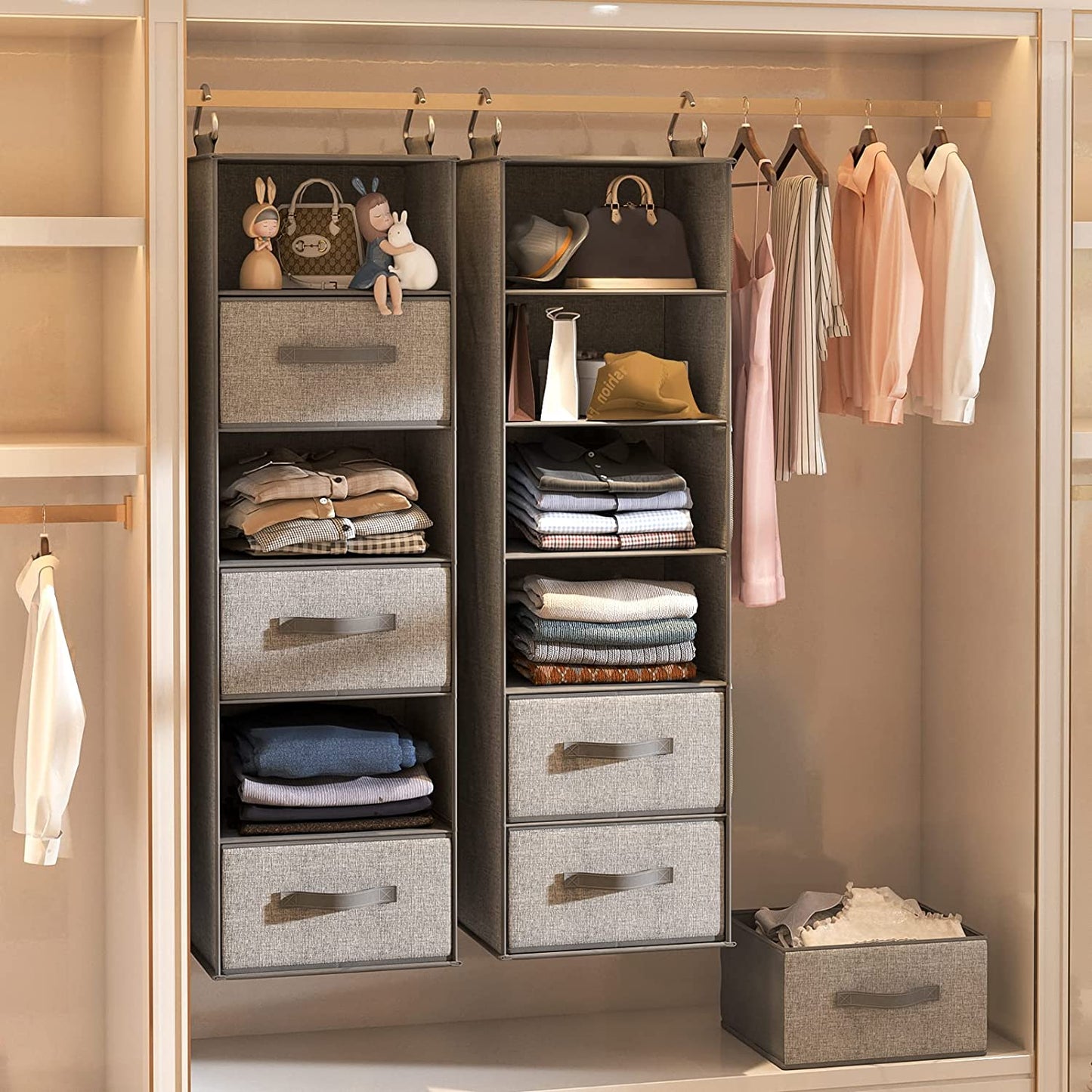 6-Shelf Hanging Closet Organizer with 3 Removable Drawers & Side Pockets Hanging Shelf Organizer for Closet, 11.4''W x 12''D x 43.3''H