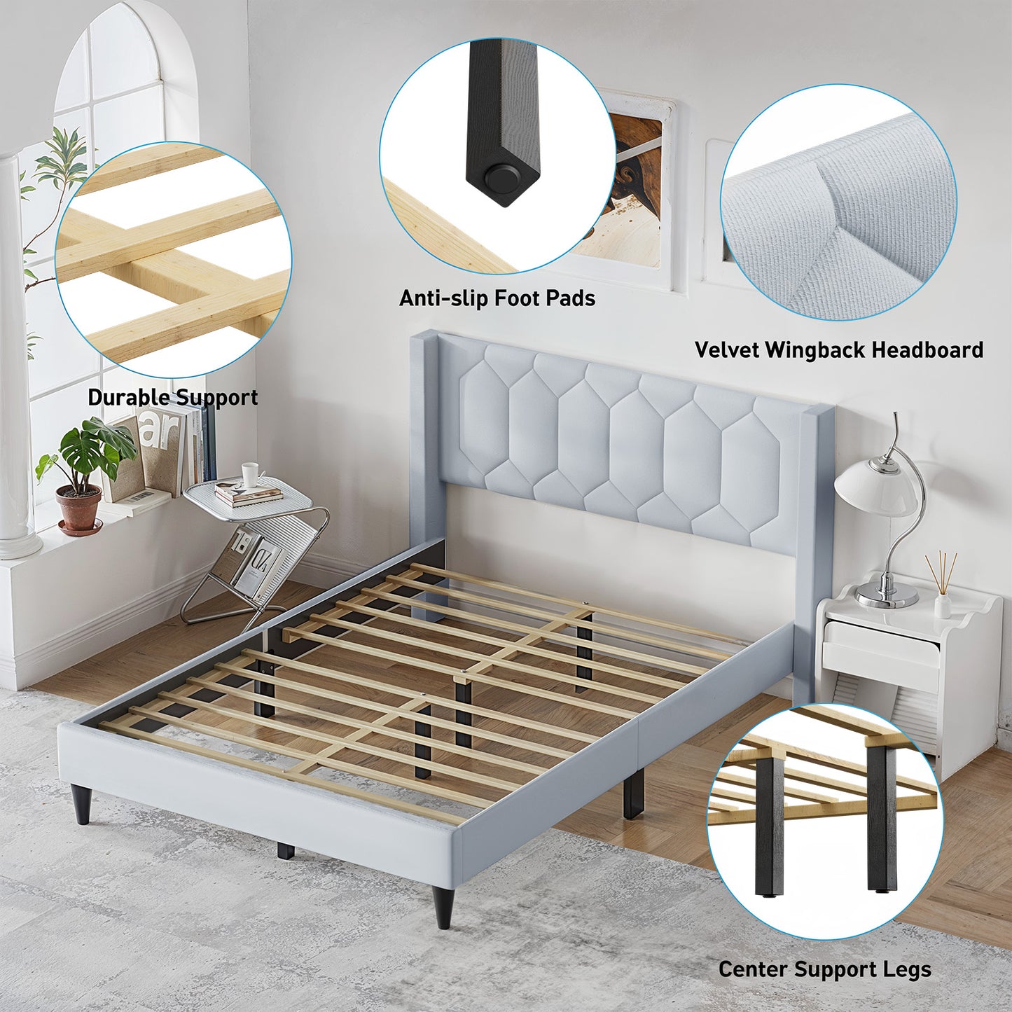CHITOOMA Full Size Bed Frame with Wingback Headboard, Velvet Upholstered Platform Bed Frame Full No Box Spring Needed, Noise-Free, Heavy Duty, Light Grey