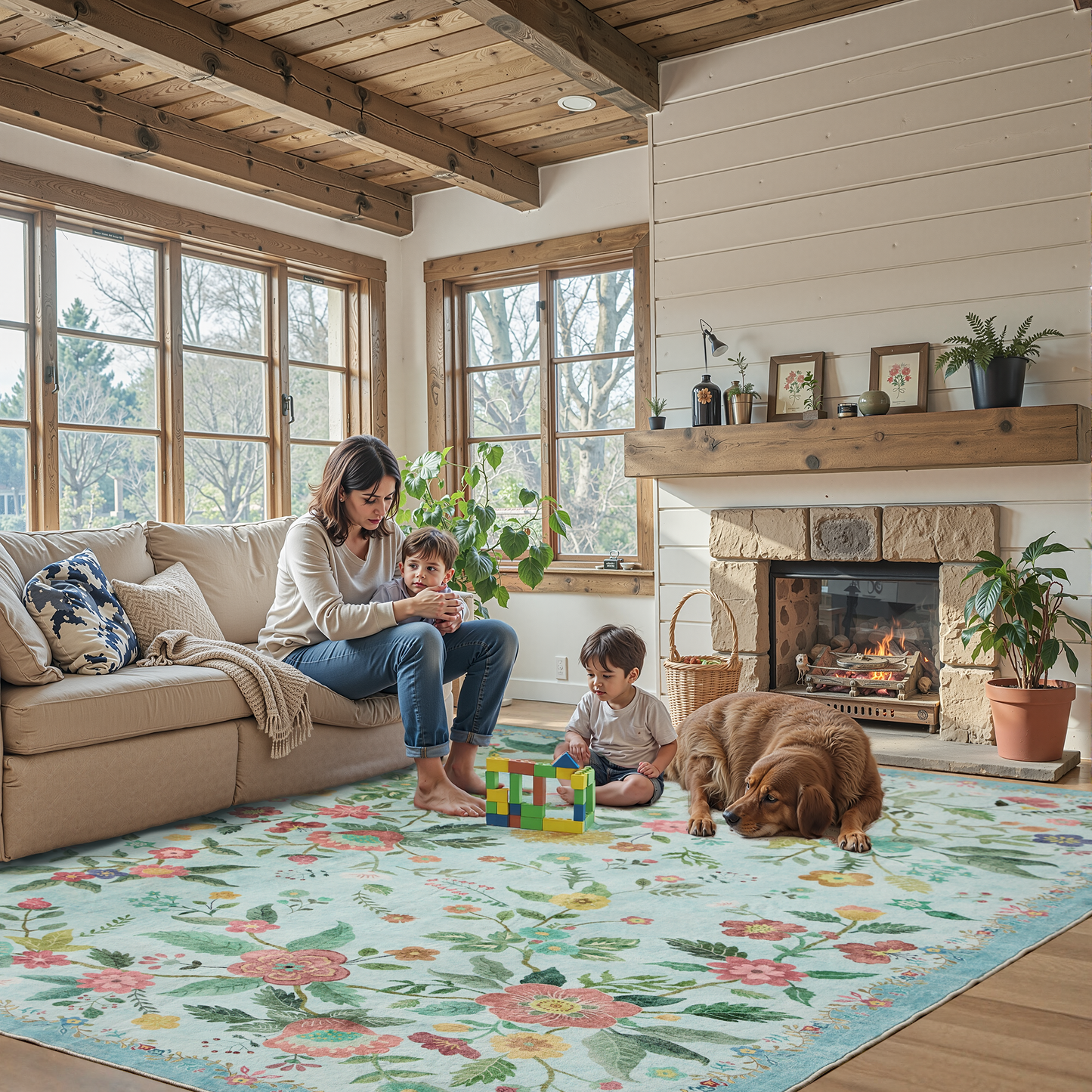 6'x9' Boho Area Rugs for Living Room, Machine Washable Area Rug with Non-Slip Backing, Stain Resistant Non-Shed Carpet for Bedroom, Dining Room, Dorm, Office