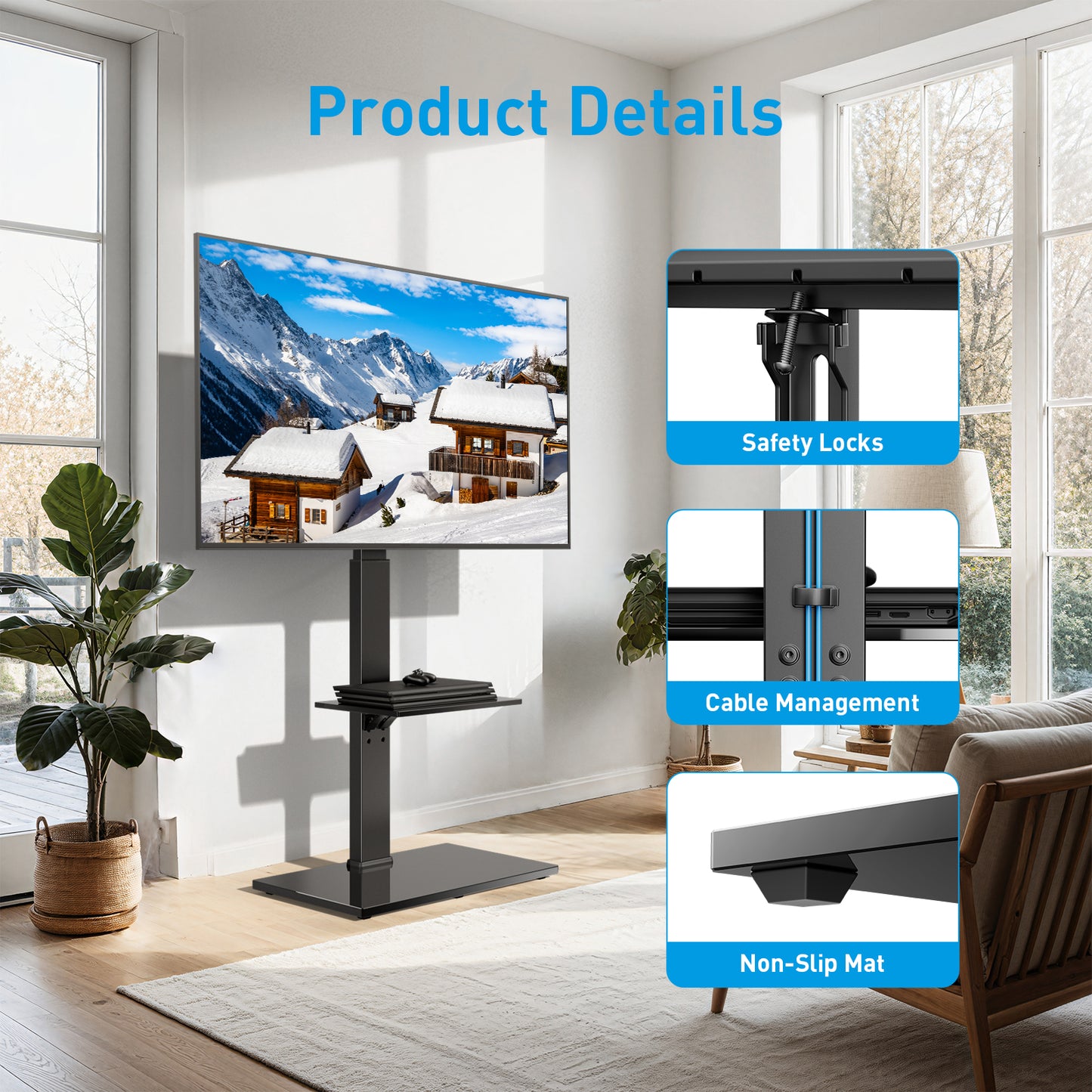 MountFTV TV Stand Rolling, TV Cart Floor Stand Height Adjustable for 30-75 inch Curved TVs Monitors, Display Trolley Loading, Hold Up to 110 lbs