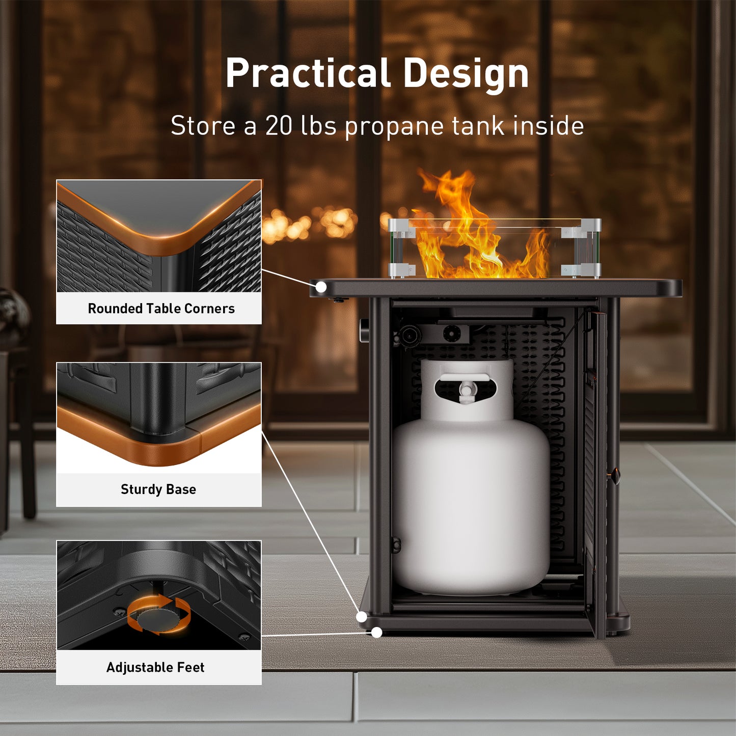 43" Rectangular Propane Gas Fire Pit Table with Wind Guard & Glass Rocks for Patio & Garden, Black Outdoor Fireplace with Lid & Lava Rocks