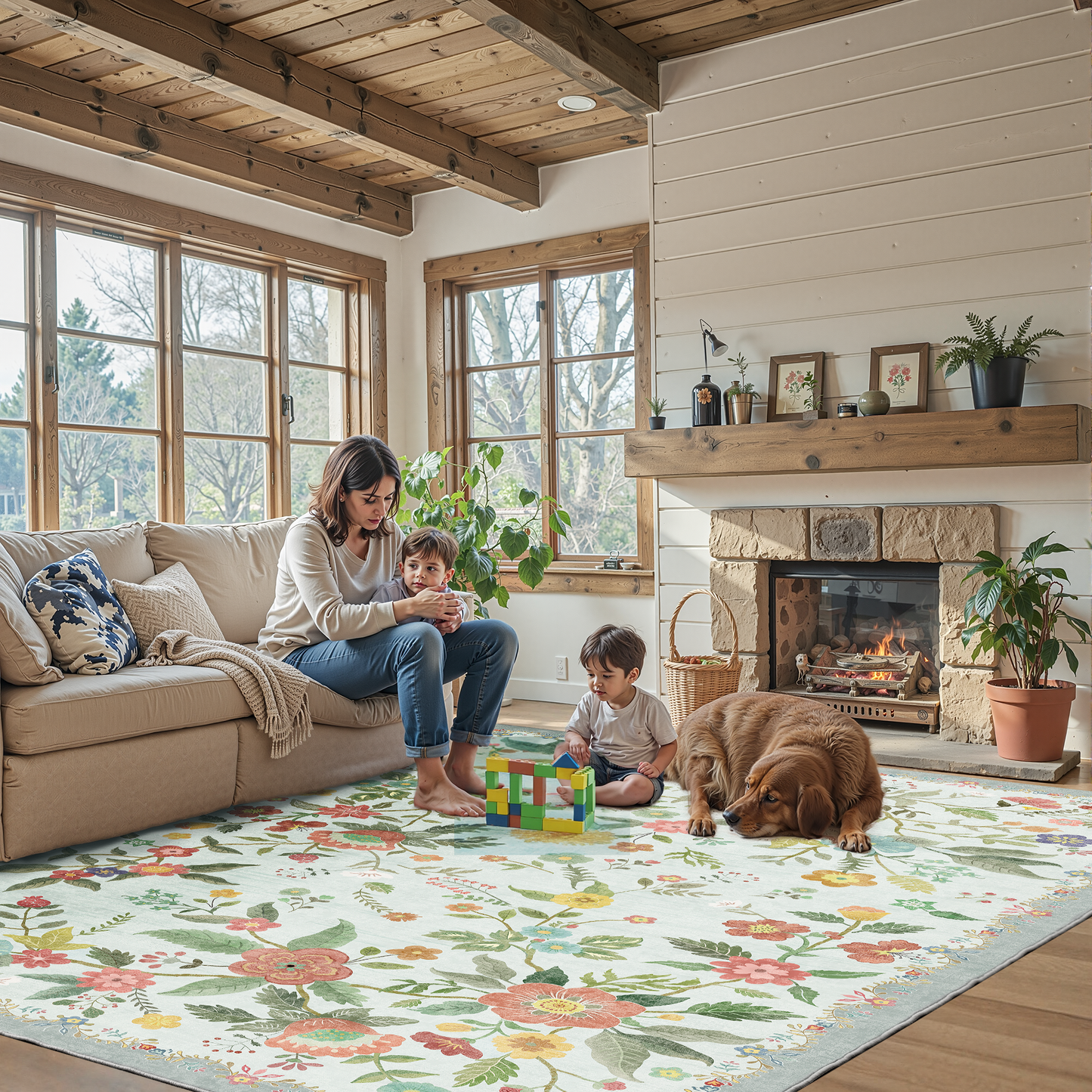 6'x9' Boho Area Rugs for Living Room, Machine Washable Area Rug with Non-Slip Backing, Stain Resistant Non-Shed Carpet for Bedroom, Dining Room, Dorm, Office