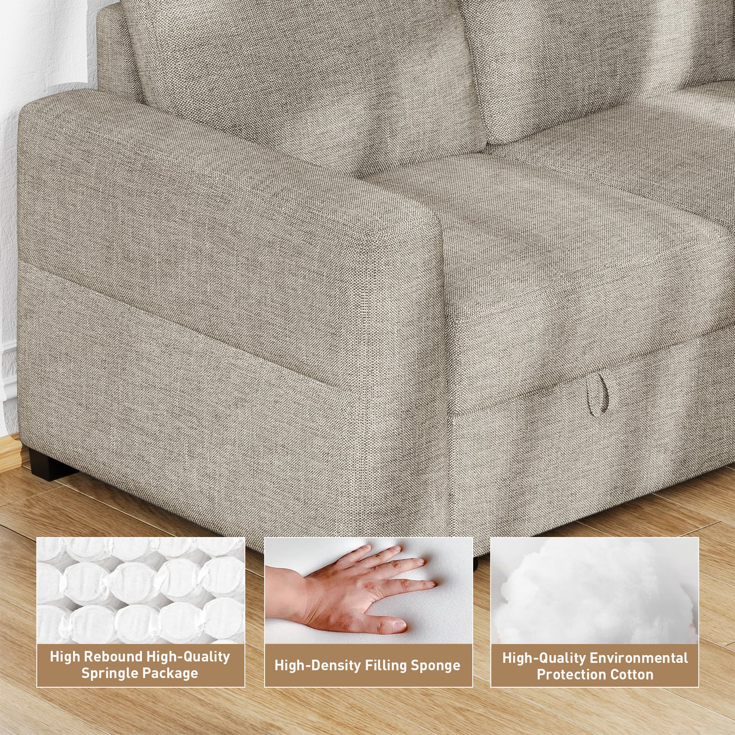 CHITOOMA 60'' Linen Pull Out Sofa Bed Convertible Sleeper Couch with Charging Port, Upholstered Sectional Sofa with 2 Pillows, Reclining Sofas for Living Room, Beige