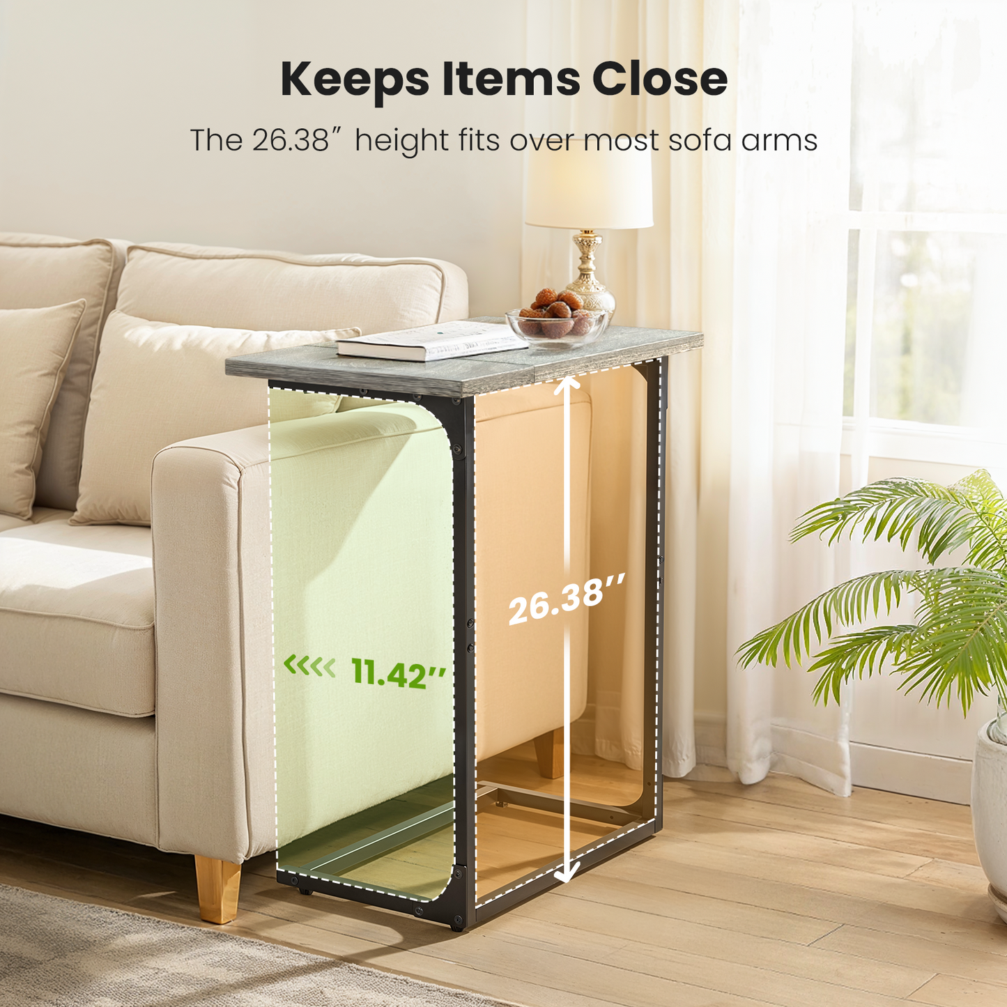 C Shaped Metal Couch End Table Tray Table, Widened Side Table Sofa Table Nightstand for Bedroom, Living Room, 27"(H) x 21.1"(W) x 11.4"(D), Grey