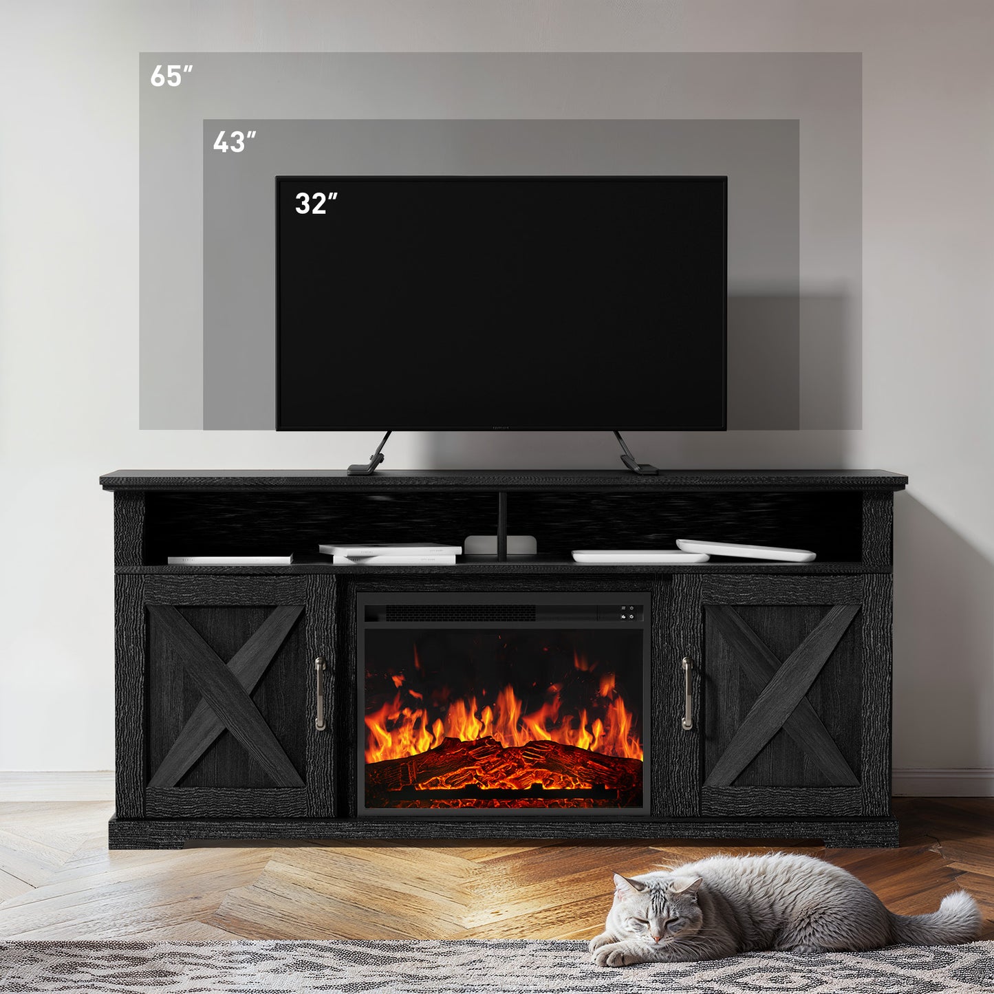 Electric Fireplace TV Stand for TVs up to 65", Farmhouse Entertainment Center with Fireplace, Black