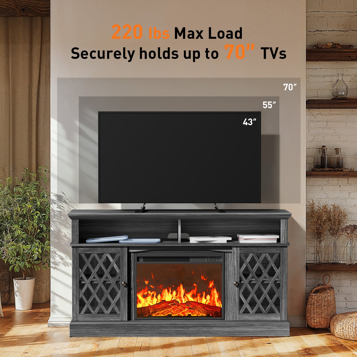 Electric Fireplace TV Stand with LED Lights for TVs up to 70", Entertainment center with fireplace for Living Room, Bedroom, Gray