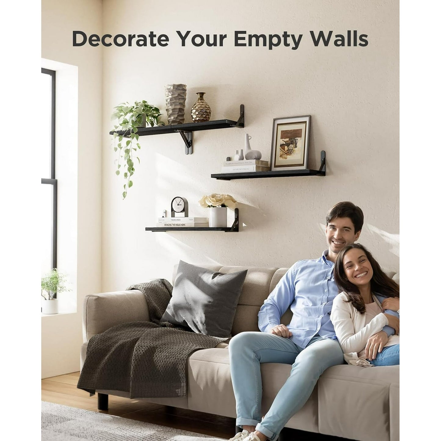 Floating Shelves Wall Mounted Set of 4, Wood Shelves for Wall Decor, Rustic Storage Shelf, Wall Shelves for Bedroom, Bathroom, Living Room, Kitchen, Office（Black）