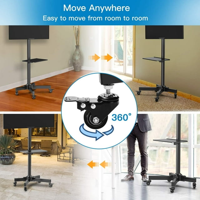 MountFTV Rolling TV Cart with Lockable Wheels for 23-60 inch LCD LED OLED Flat Curved TVs, Height Adjustable Mobile TV Stand for Home, Office, Black