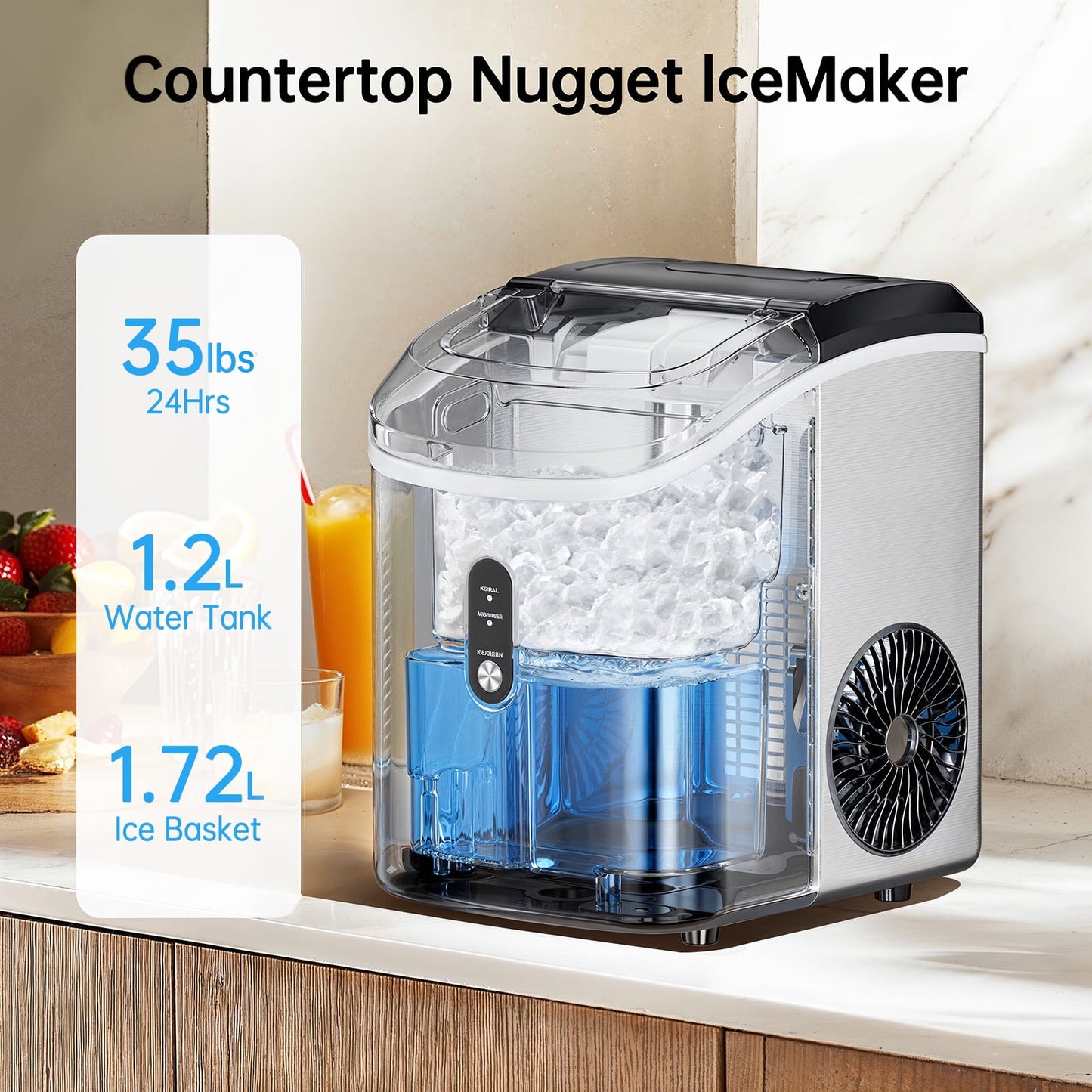 Philergo Nugget Ice Maker Countertop, 35lbs/24H with Self-Cleaning Function Pellet Ice Maker for Home, Kitchen, Office, Stainless Steel