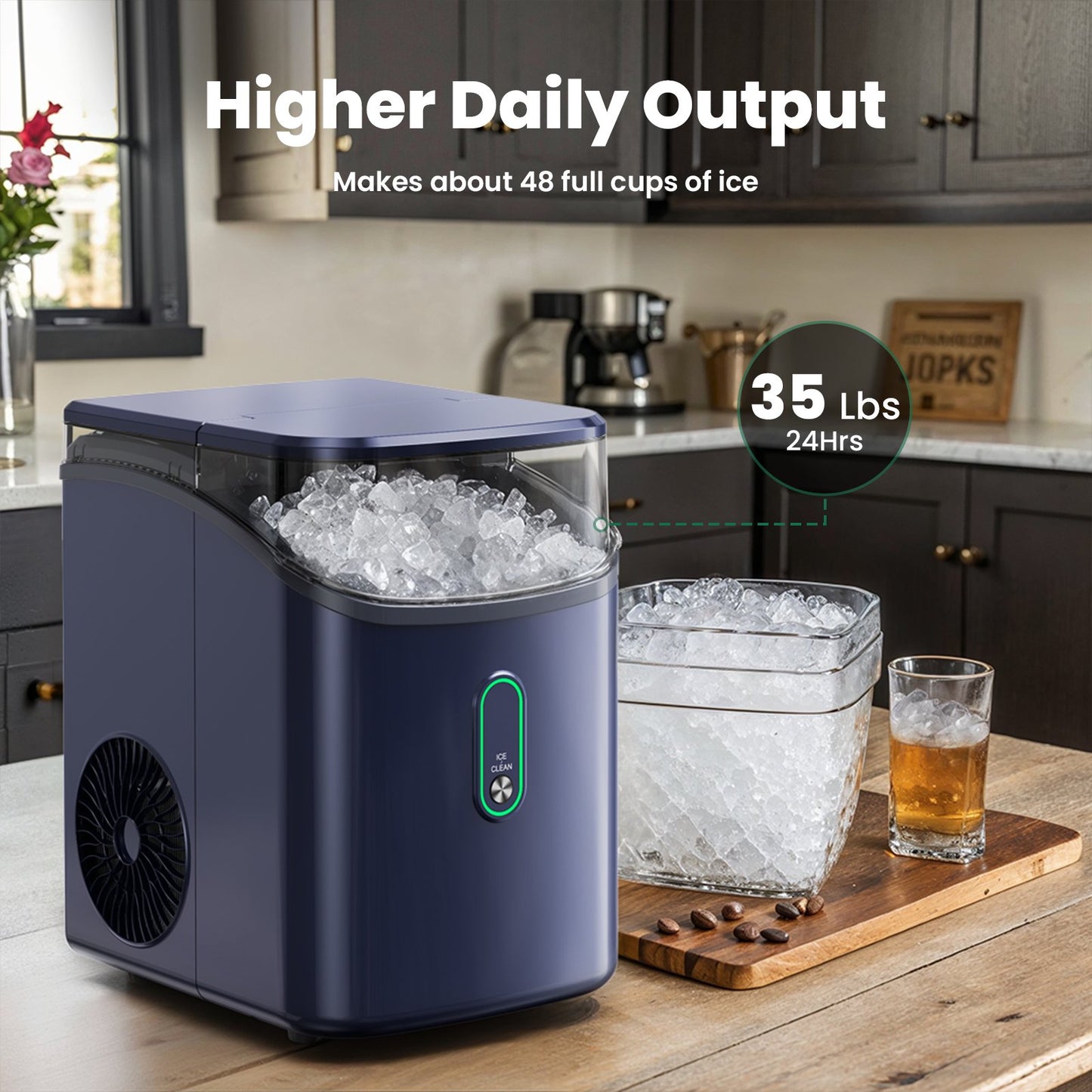 Philergo Nugget Ice Maker Countertop, Pebble Ice Maker with Soft Chewable Ice, 35 lbs/24 Hrs for Home, Kitchen, RV, Camping, Dark Blue