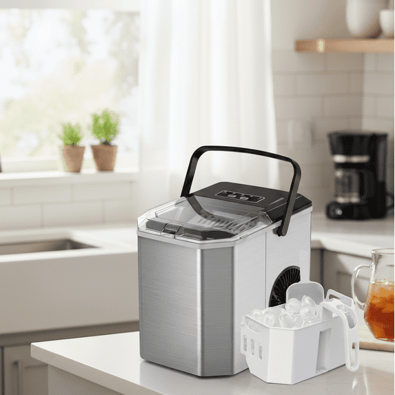 Philergo Ice Maker Countertop, 26lbs Per day, 9 Bullet Ice Cubes Ready in 6 Mins, Auto-Cleaning with Basket and Scoop  for Home/Kitchen/RV/Party/Travel, Stainless