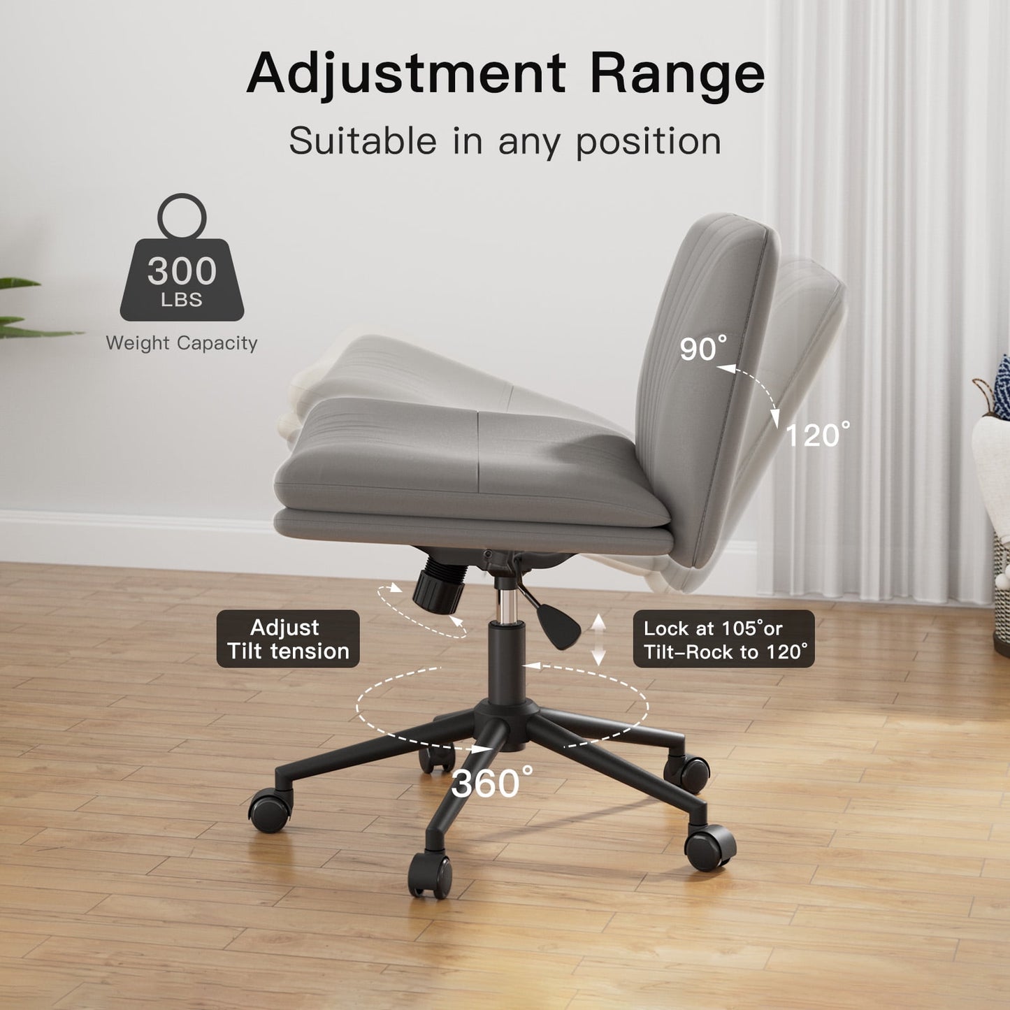 PU Armless Office Desk Chair with Wheels,PU Leather Cross Legged Wide Chair,Mid Back Adjustable Swivel Computer Task Chairs Vanity Chair for Home,Office(Gray) - Walmart.com