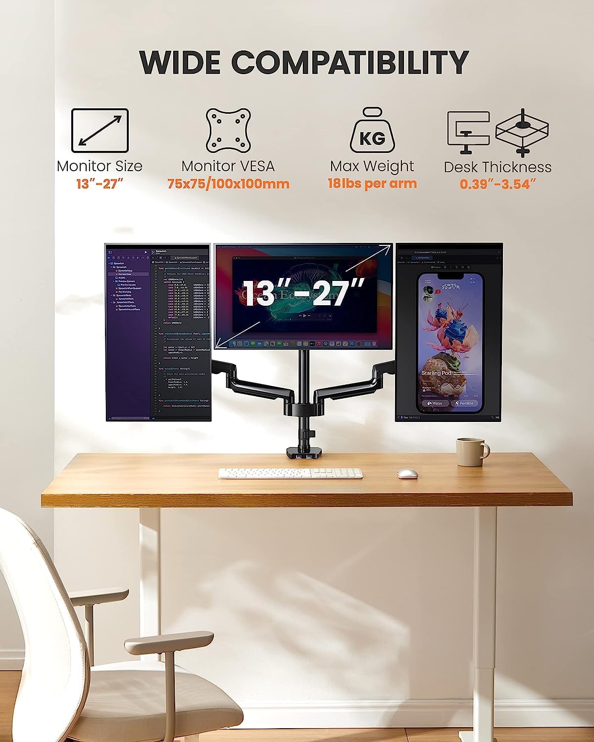 Triple Monitor Desk Mount Stand, Adjustable Gas Spring Arm Mount for 13 to 27 inch Computer Screens, Heavy-Duty VESA Compatible Triple Monitor Stand with USB, Each Arm Supports up to 17.6 lbs