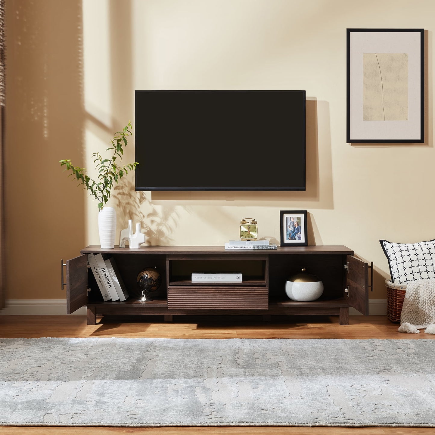 Mid-Century Modern Low Profile Entertainment TV Stand for 65/60/55 inch TV, Farmhouse Entertainment Center with 2 Fluted Door and Storage Living Room, Walnut