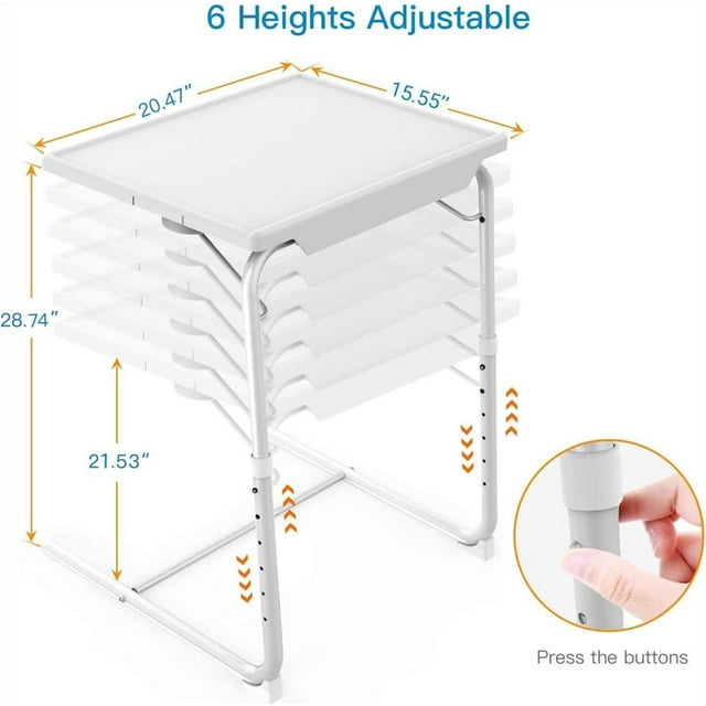 CHITOOMA Adjustable TV Tray Table with Cup Holders, Portable Dinner Tray Table, Foldable, 6 Heights&3 Tilt Angle for Living Room Office Bedroom, White