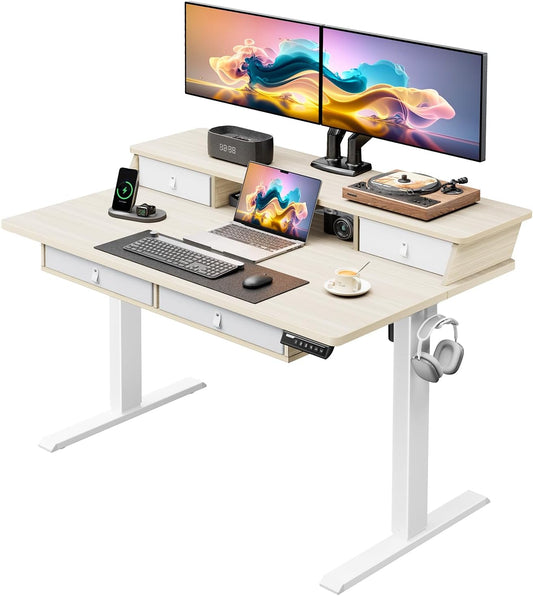 Kyspho 48″ x 30″ Standing Desk with Drawers, Electric Height Adjustable Sit Stand Desk with Storage Shelf, 4 Memory Preset Computer Desk with Cable Management Tray for Home Office, Oak