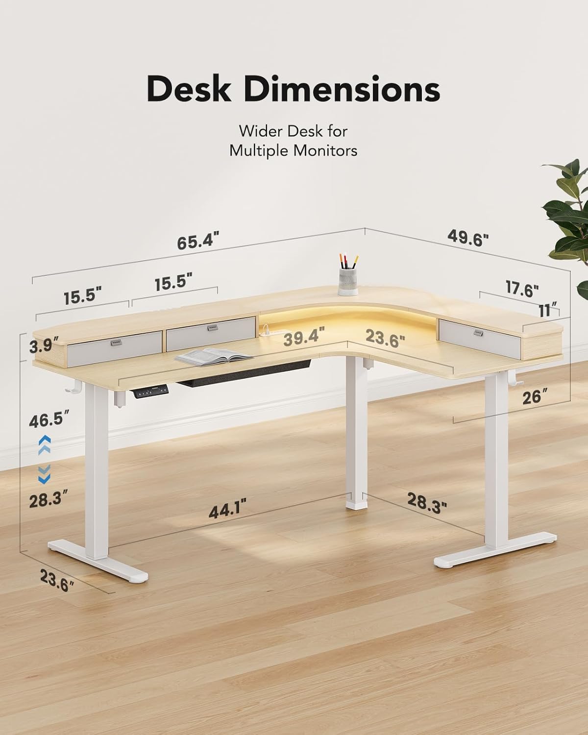 Kyspho 65″ L-Shaped Standing Desk, Electric Height Adjustable Corner Computer Desk with Power Outlets & LED Strip, Sit Stand Up Desk with with 3 Drawers for Home Office, Oak