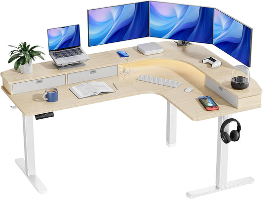 Kyspho 65″ L-Shaped Standing Desk, Electric Height Adjustable Corner Computer Desk with Power Outlets & LED Strip, Sit Stand Up Desk with with 3 Drawers for Home Office, Oak