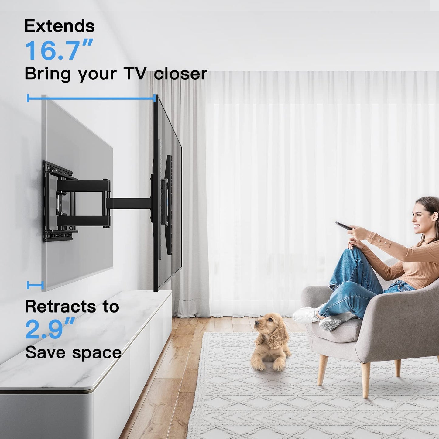 PERLESMITH Full Motion TV Wall Mount Bracket for 37-75" TVs with Swivel & Dual Articulating Extension Arms, Hold up to 100 lbs, Max 600x400mm
