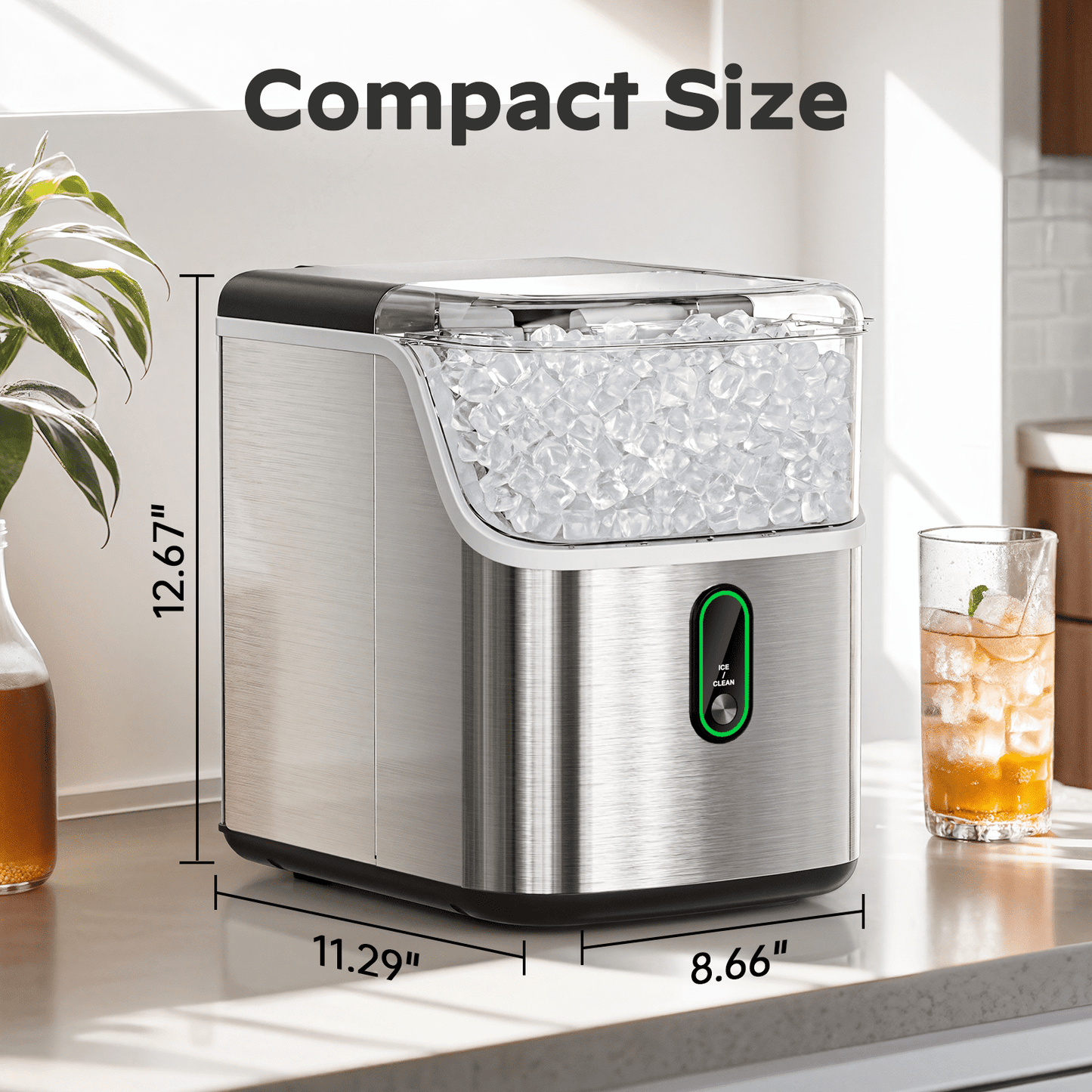 Philergo Nugget Ice Maker Countertop, Pebble Ice Maker Machine with Self-Cleaning, 34lbs/24hr, Soft Chewable Pellet Ice Maker for Home, Kitchen, Stainless Steel