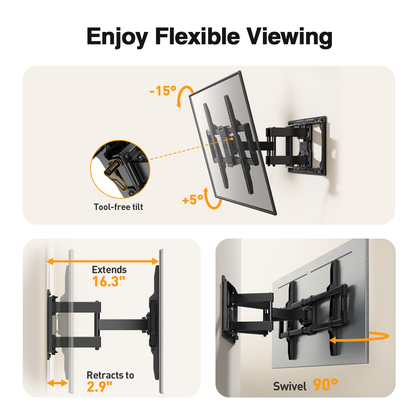 MountFTV Full Motion TV Wall Mount Bracket for 40 to 86 Inch Flat Curved TVs, 12°-16° Wood Studs, Max 600 x 400mm, Holds up to 132 lbs