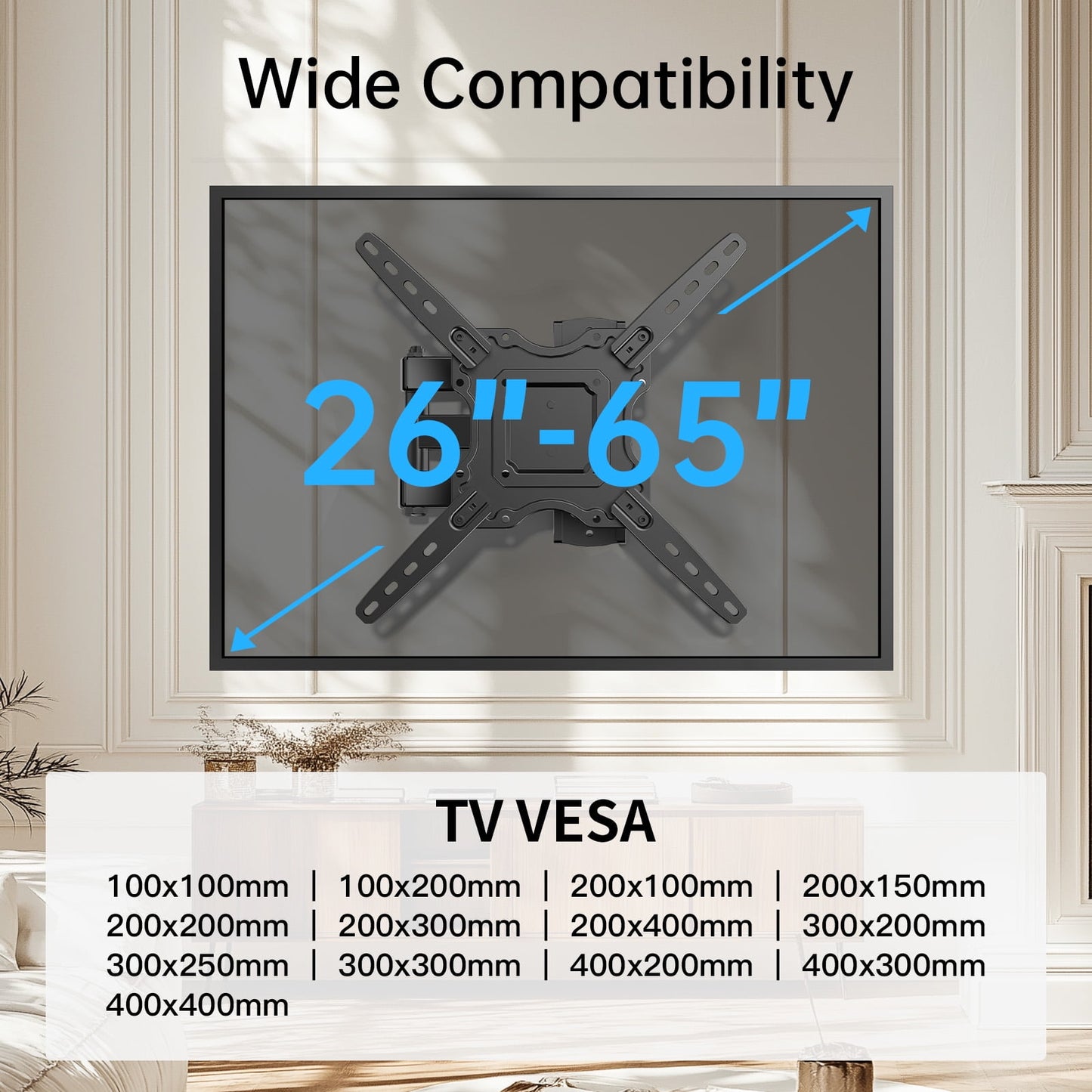 MountFTV Full Motion TV Wall Mount Bracket for 26-65 inch TVs, Max 400*400mm, Holds up to 77 lbs, 12"/16" Wood Studs（复制）
