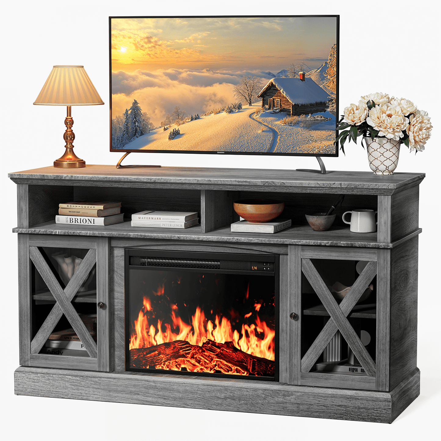 CHITOOMA Electric Fireplace TV Stand for 65 inch TVs Farmhouse TV Console with 23″ Fireplace, Gray