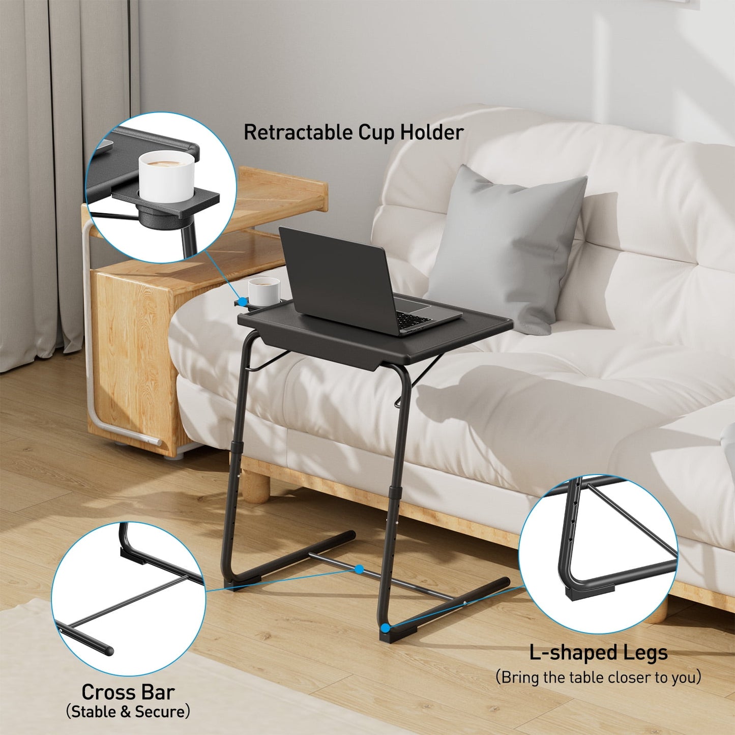 CHITOOMA Adjustable TV Tray Table with Cup Holders, Portable Dinner Tray Table, Foldable, 6 Heights&3 Tilt Angle for Living Room Office Bedroom, Gray