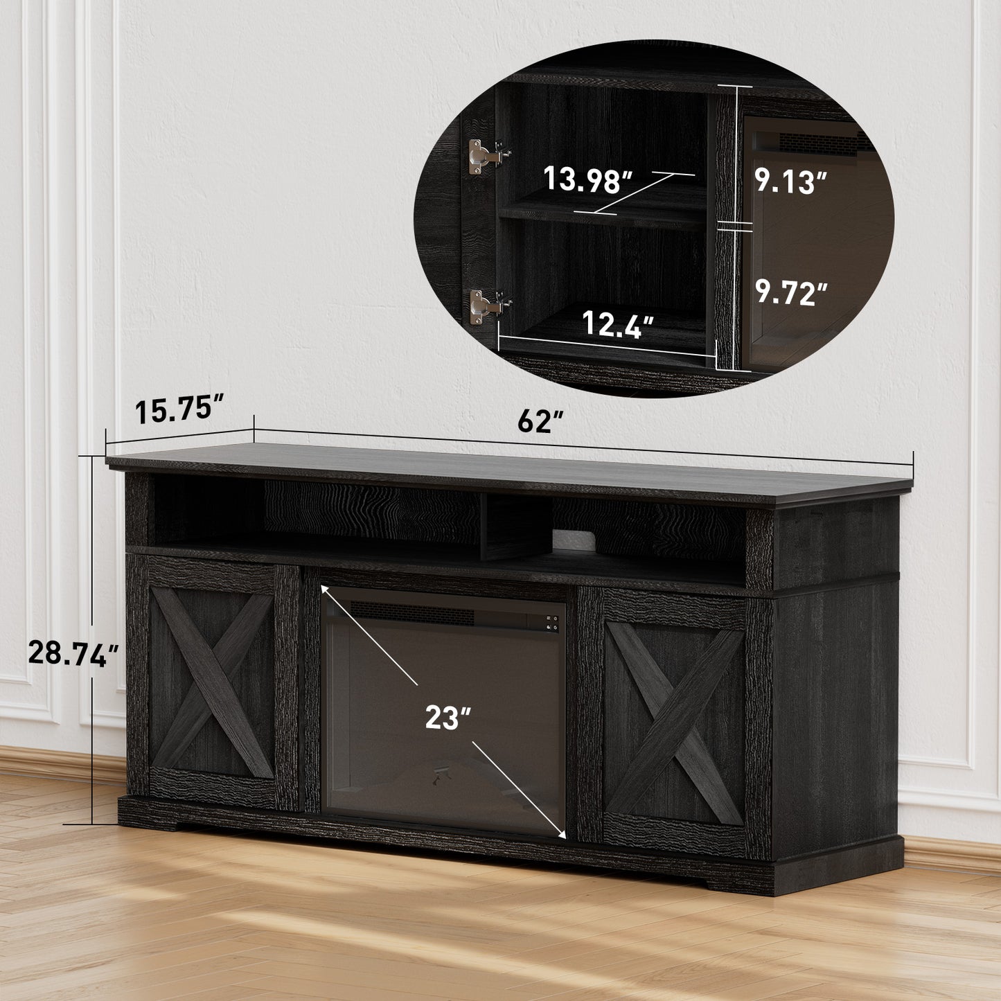 Electric Fireplace TV Stand for TVs up to 65", Farmhouse Entertainment Center with Fireplace, Black