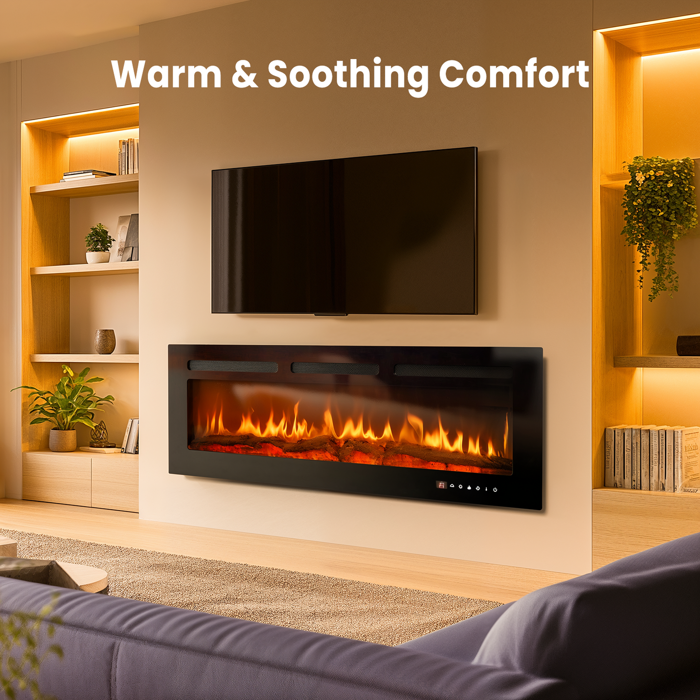 50 inch Wall Mounted Electric Fireplace Indoor Recessed Fireplace Heater with Touch Screen, Timer, Adjustable Flame Color and Speed