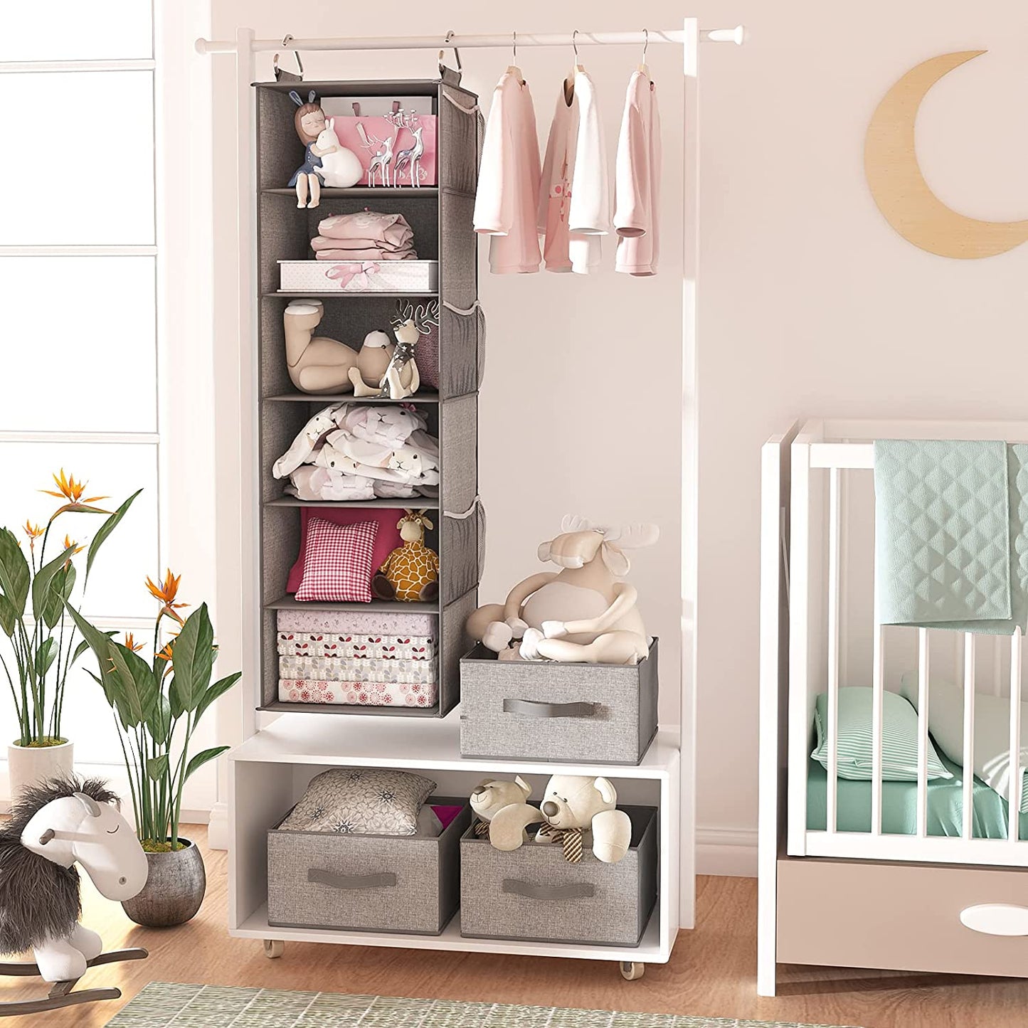 6-Shelf Hanging Closet Organizer with 3 Removable Drawers & Side Pockets Hanging Shelf Organizer for Closet, 11.4''W x 12''D x 43.3''H