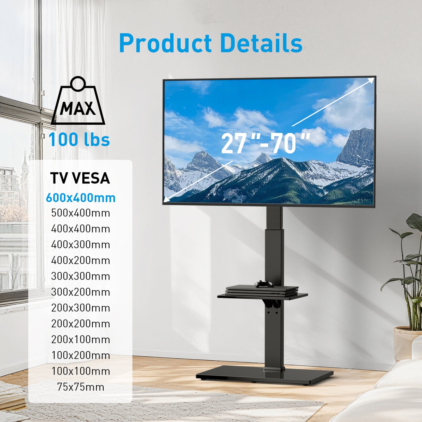 MountFTV TV Stand Rolling, TV Cart Floor Stand Height Adjustable for 30-75 inch Curved TVs Monitors, Display Trolley Loading, Hold Up to 110 lbs