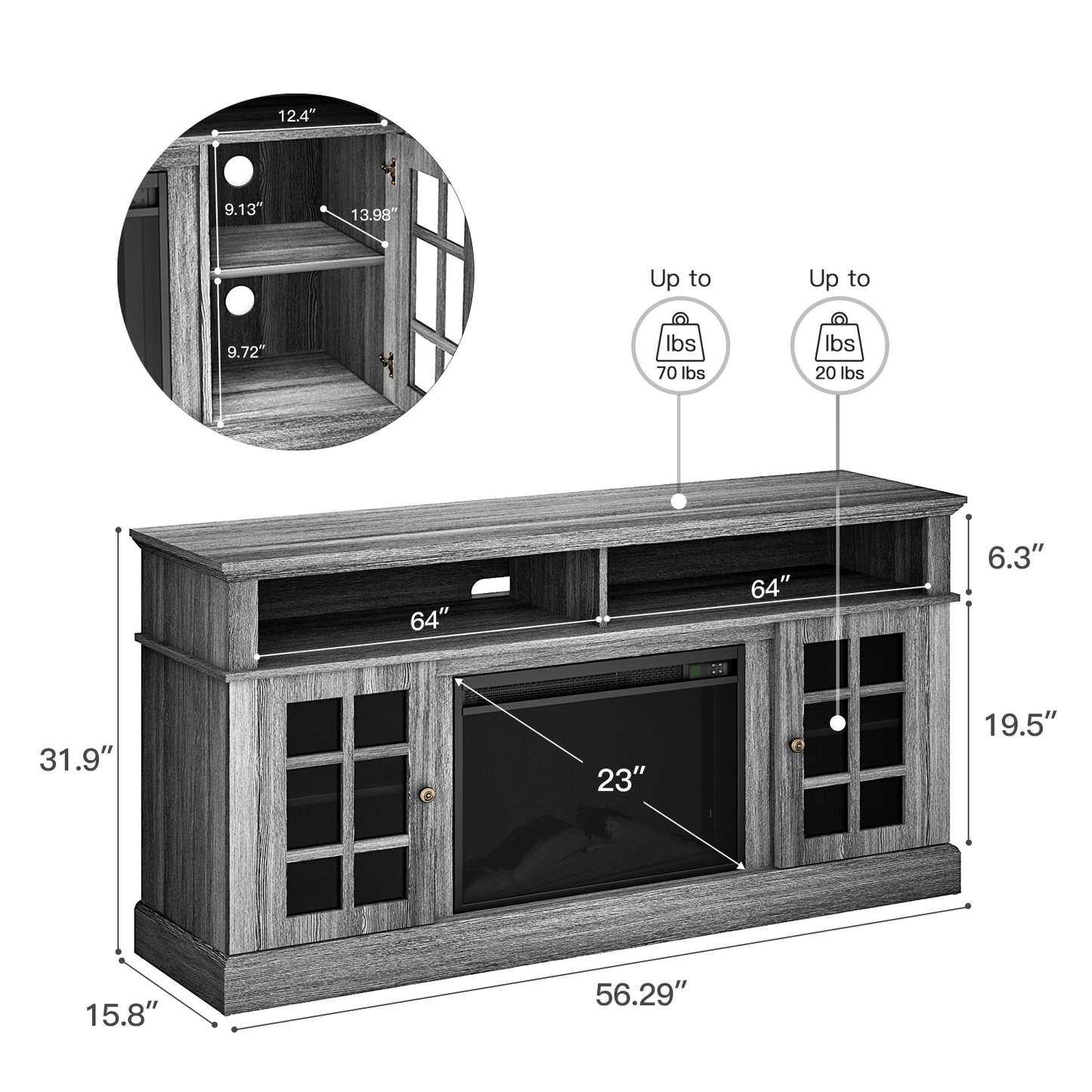 Electric Fireplace TV Stand for 65″ TVs with remote control Fireplace Entertainment Center TV Console Table with 23″ Fireplace, Holds up to 200 lbs