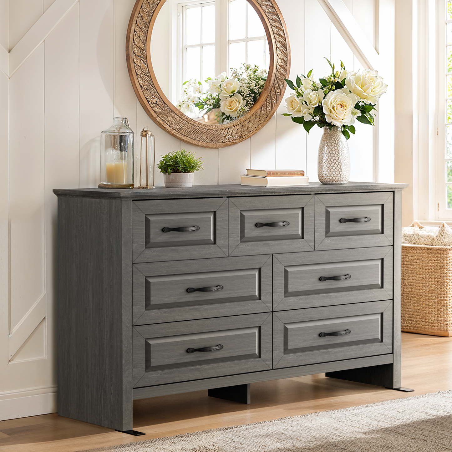 Farmhouse 7 Drawer Double Dresser for Bedroom, 47.2"W Contemporary Wood Chest of Drawer Storage Cabinet for Living Room, Hallway, Entryway, Nursery Room, Gray